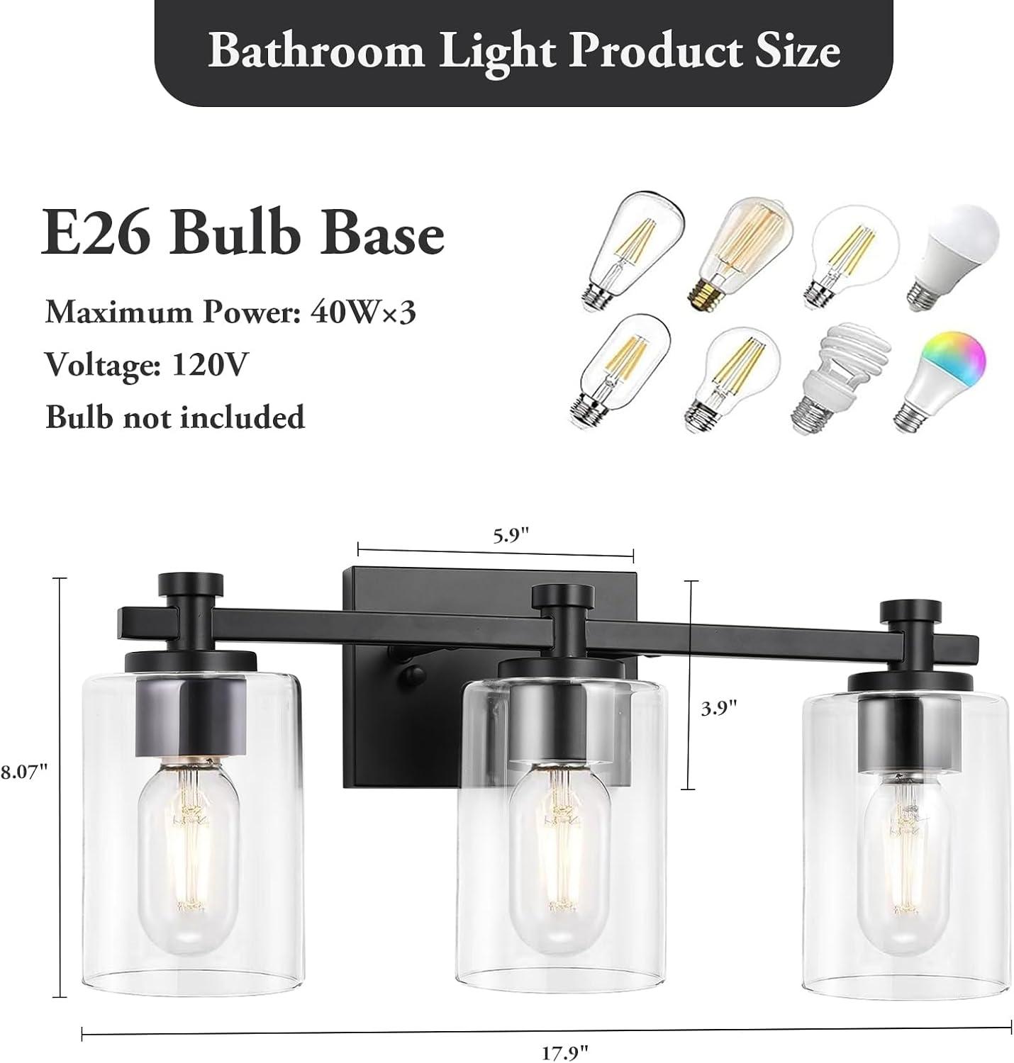 3-Light Bathroom Light Fixtures Bathroom Vanity Lights with Clear Glass Shades Matte Black Bathroom Light Fixtures over mirror for Mirror Living Room Cabinet Bedroom Porch