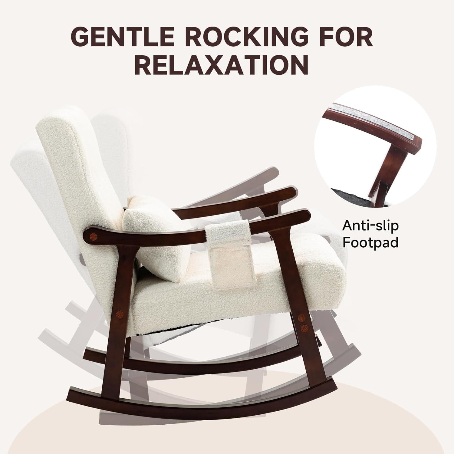 AVAWING Upholstered Rocking Chair, Small Boucle Glider Rocker with 2-Point Massage Lumbar Pillow and Solid Wood Legs, for Bedroom and Living Room, White