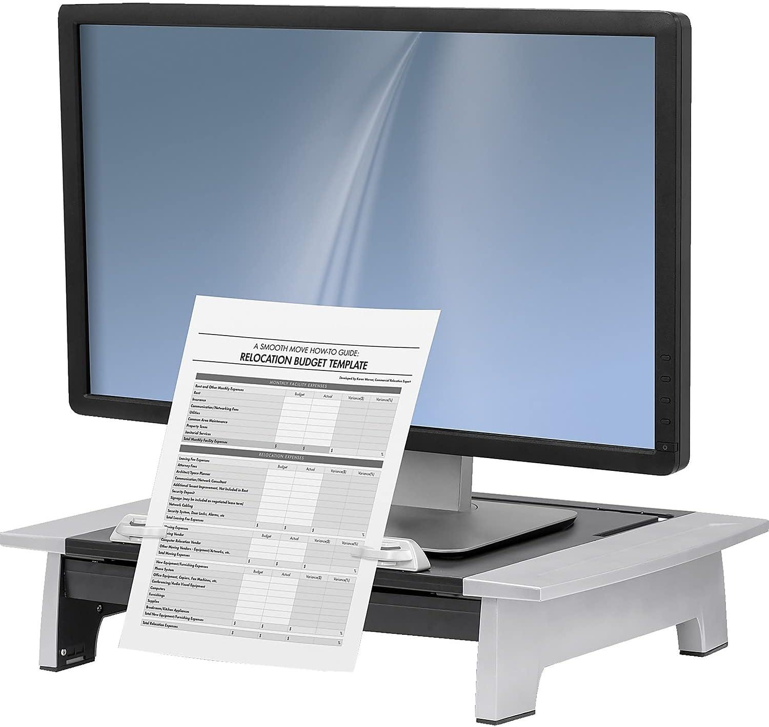 Black and Silver Adjustable Monitor Riser with Document Holder