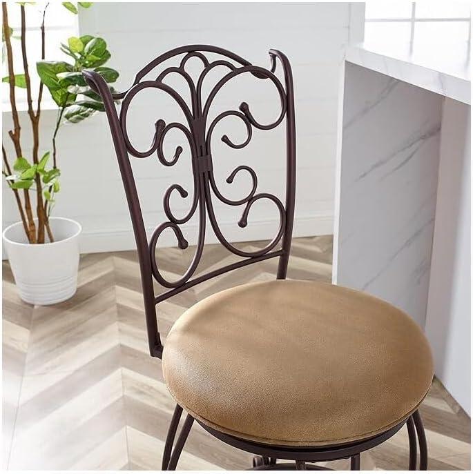 Linon Gathered Back Counter Stool, Brown, 24 inch Seat Height, Light Brown with Caramel Fabric
