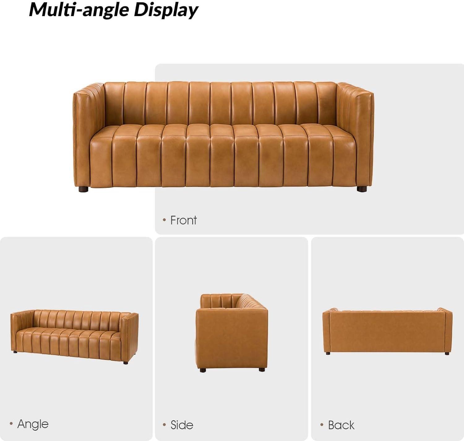 HULALA HOME 83" Genuine Leather Sofa with Channel Tufted Design, 3-Seater Sofa for Living Room Bedroom, Modern Oversized Couch with Wood Legs, Camel
