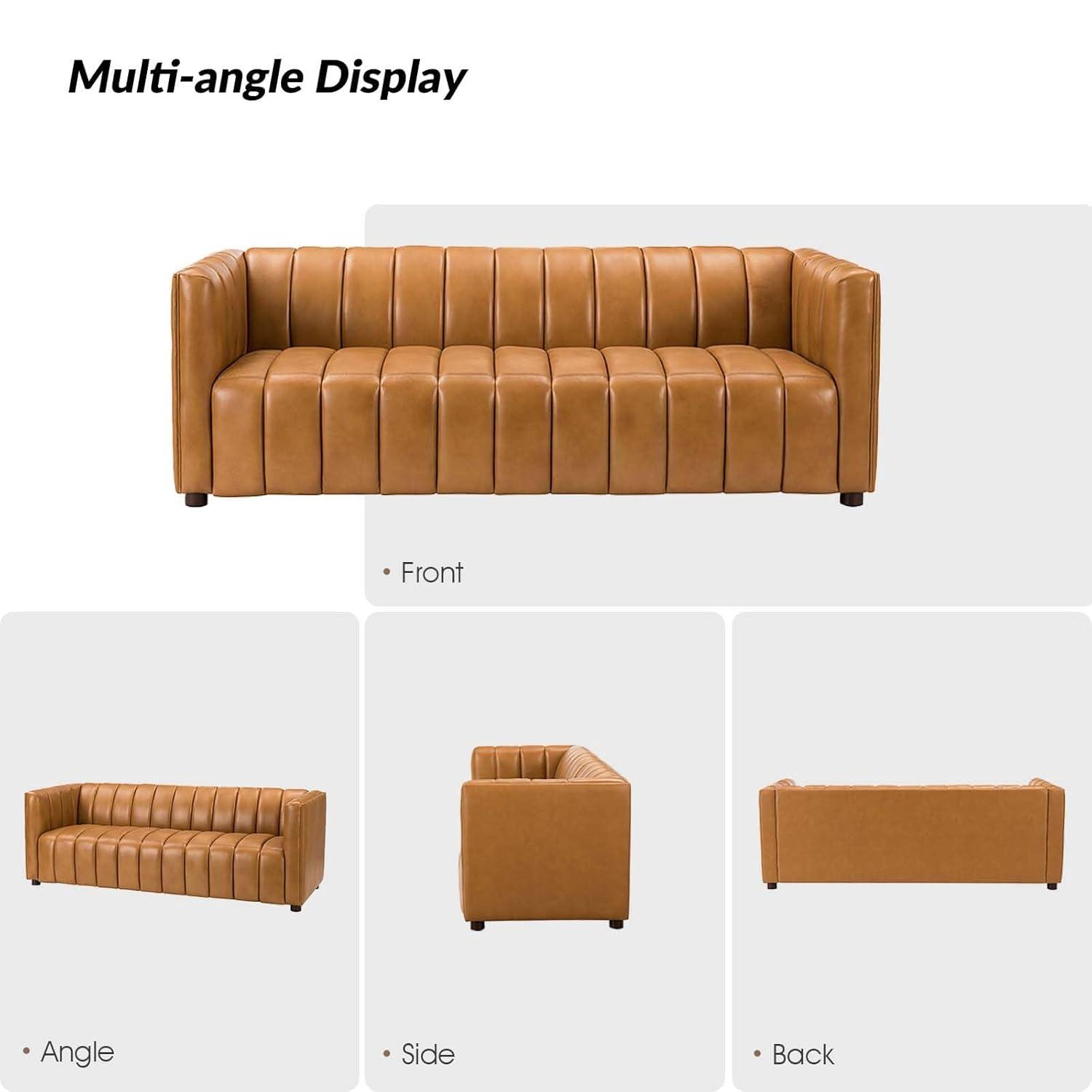 HULALA HOME 83" Genuine Leather Sofa with Channel Tufted Design, 3-Seater Sofa for Living Room Bedroom, Modern Oversized Couch with Wood Legs, Camel