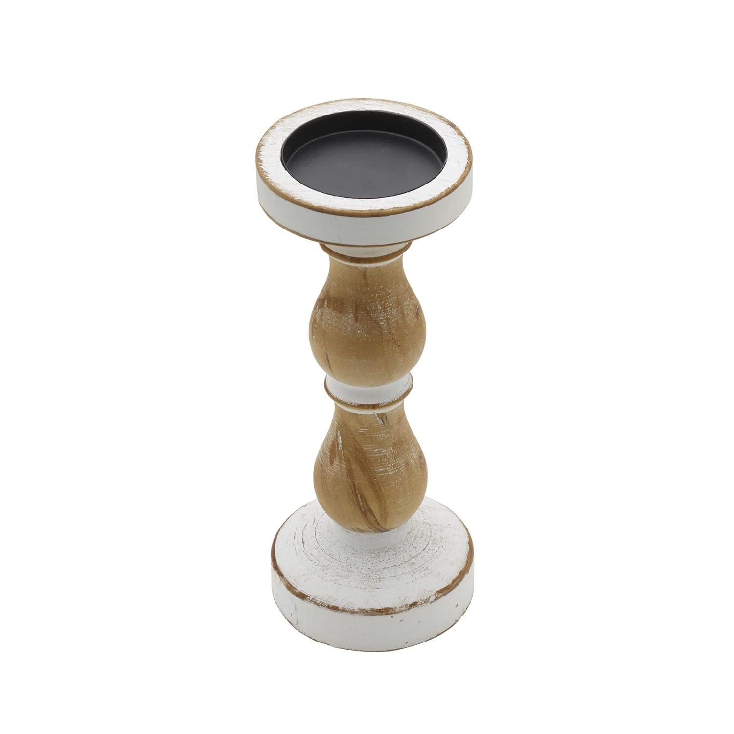 Elements 10 Inch White Natural Wood Candle Holder