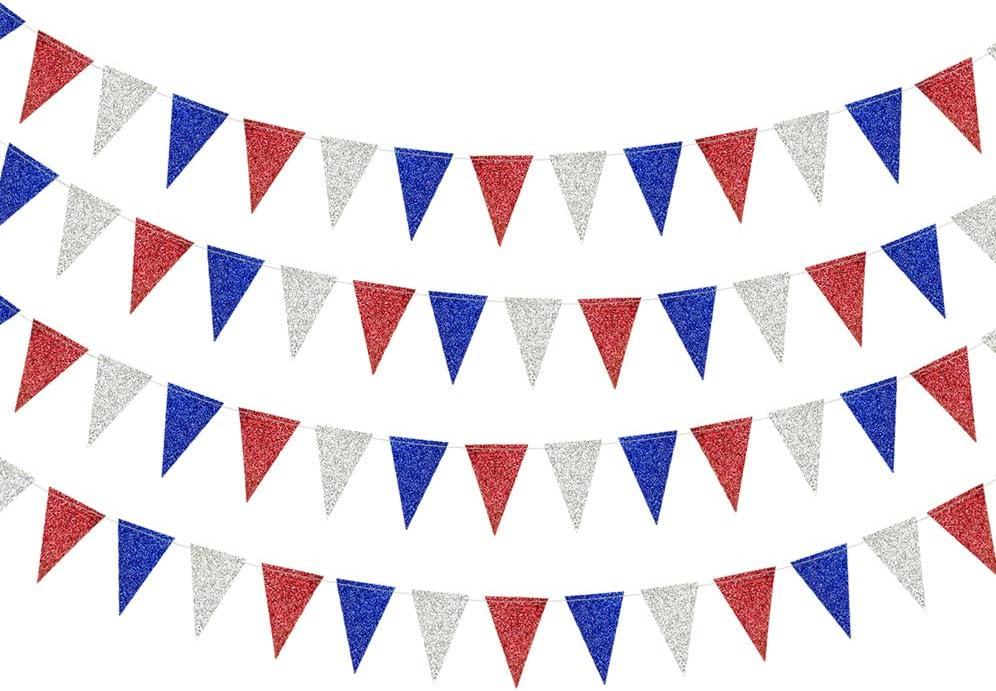 Red Blue Silver/White National Day Patriotic Triangle Flag Banner Fourth/4th of July USA American Independence Day Celebration Party Garland Hanging Decoration for Birthday/Baby Shower