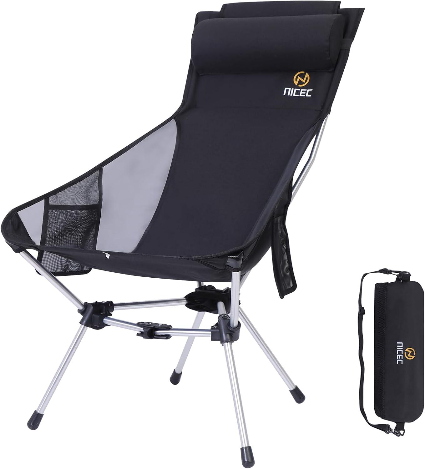 Nice C Ultralight High Back Folding Camping Chair, Backpacking Chair, Compact & Heavy Duty Outdoor, Travel, Picnic, Festival with 2 Side Pockets, Pillow &Carry Bag (Set of 1 Black)