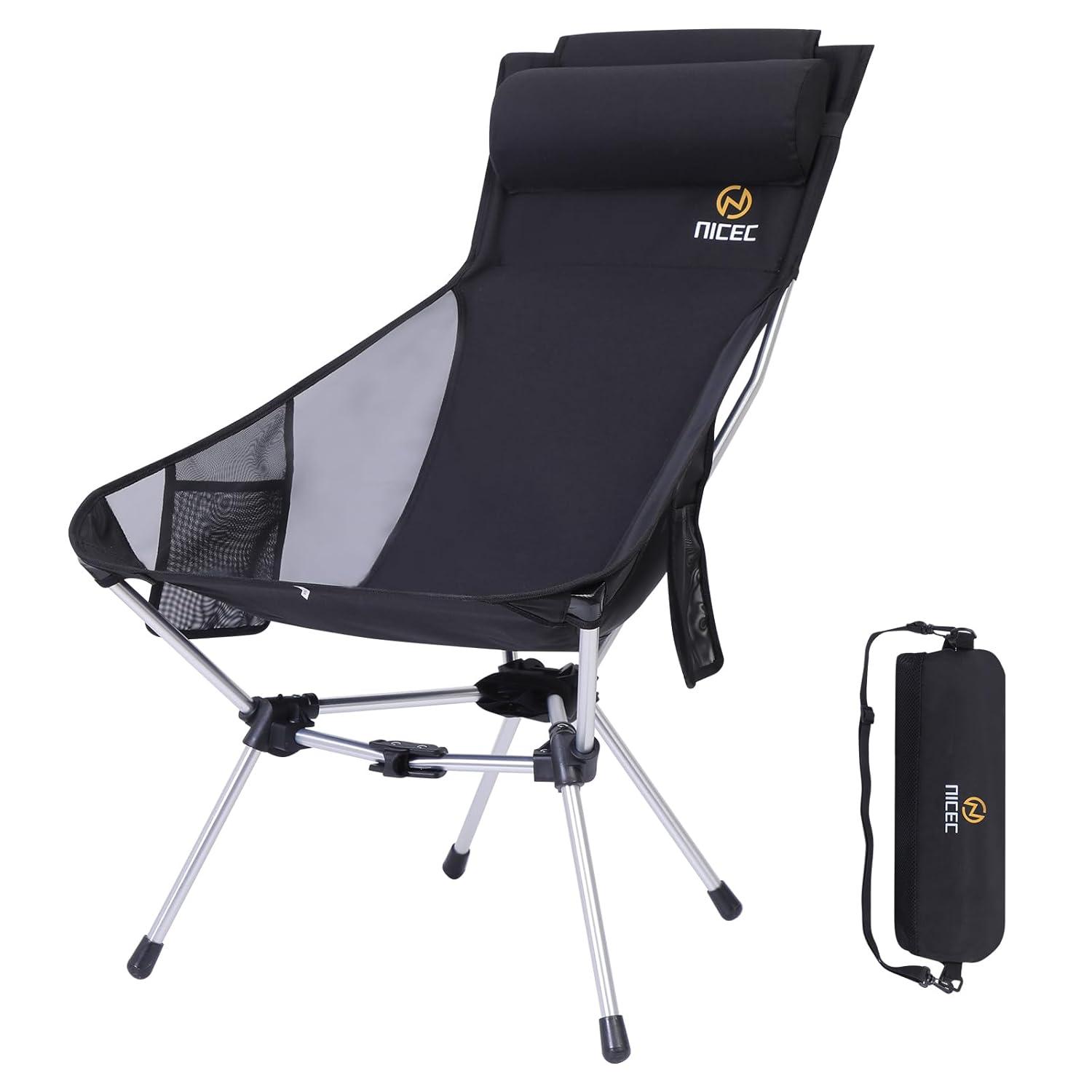 Nice C Ultralight High Back Folding Camping Chair, Backpacking Chair, Compact & Heavy Duty Outdoor, Travel, Picnic, Festival with 2 Side Pockets, Pillow &Carry Bag (Set of 1 Black)