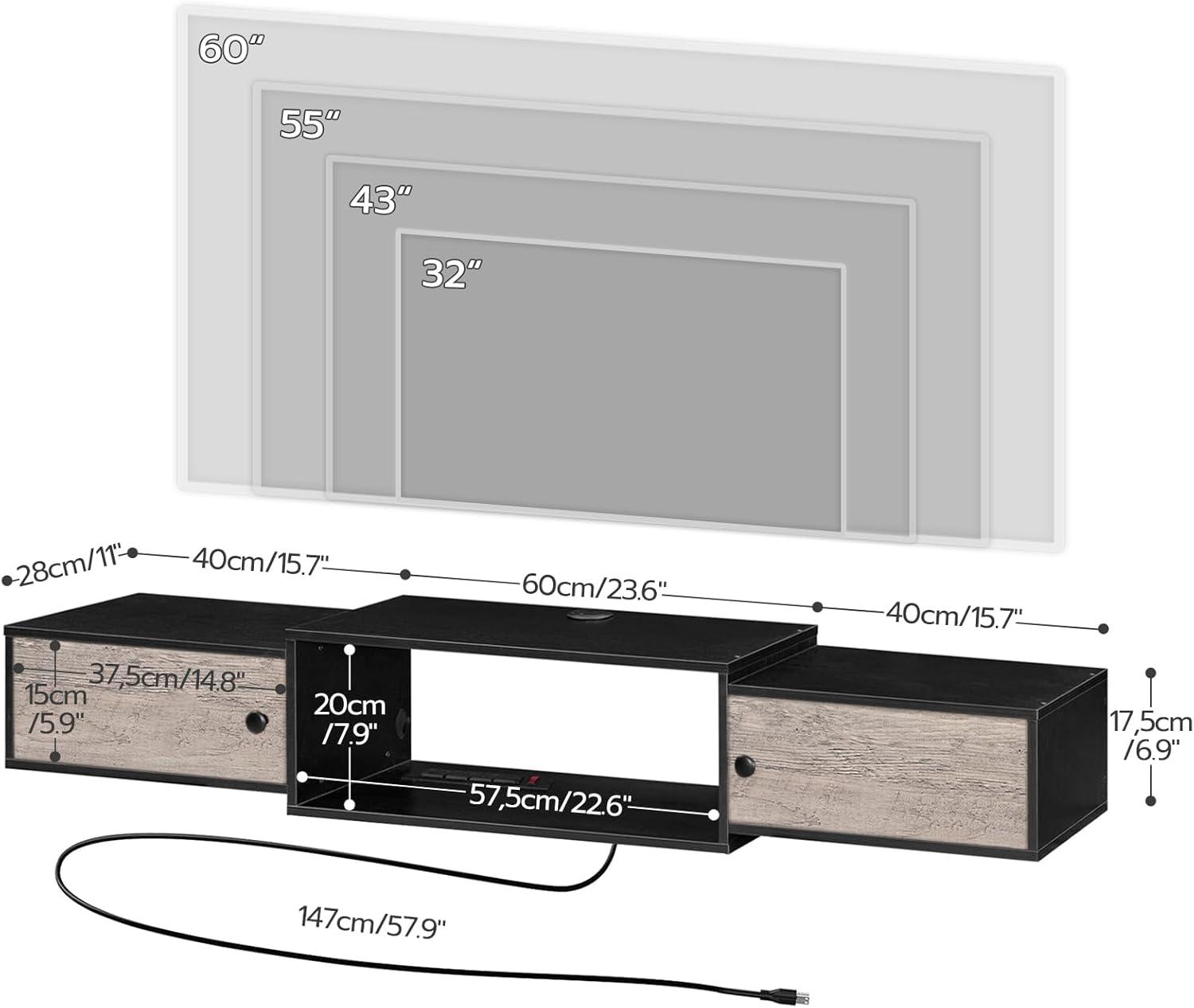 Floating TV Stand with Power Outlet 55", Modern Wall Mounted Media Console Shelf Cabinet for Under TV Storage, Entertainment Center, Living Room, Bedroom, Rustic Brown and Black BF11DS01