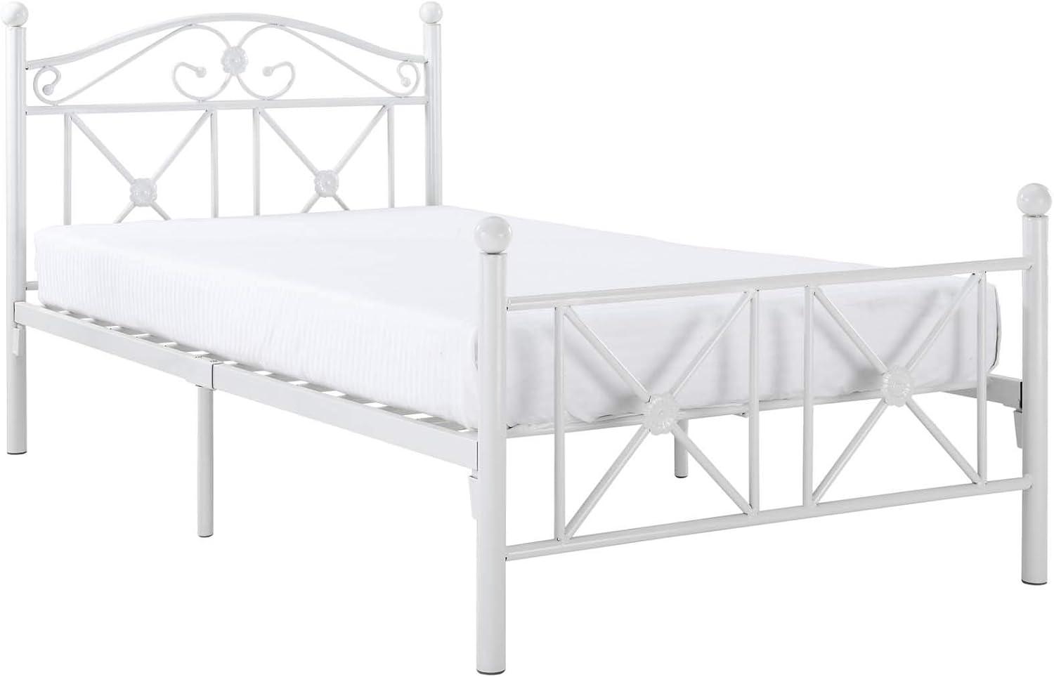 Serene White Metal Twin Bed with Latticework Headboard and Storage Drawer