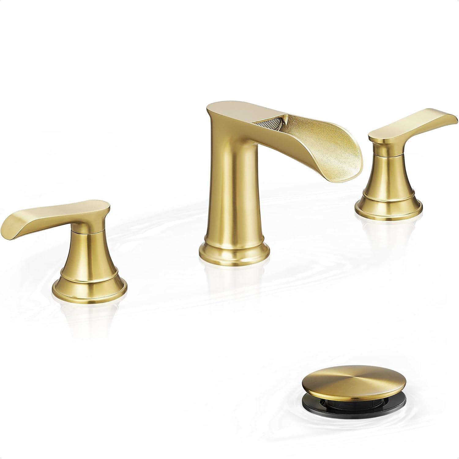 Brushed Gold Brass Double Handle Waterfall Bathroom Faucet