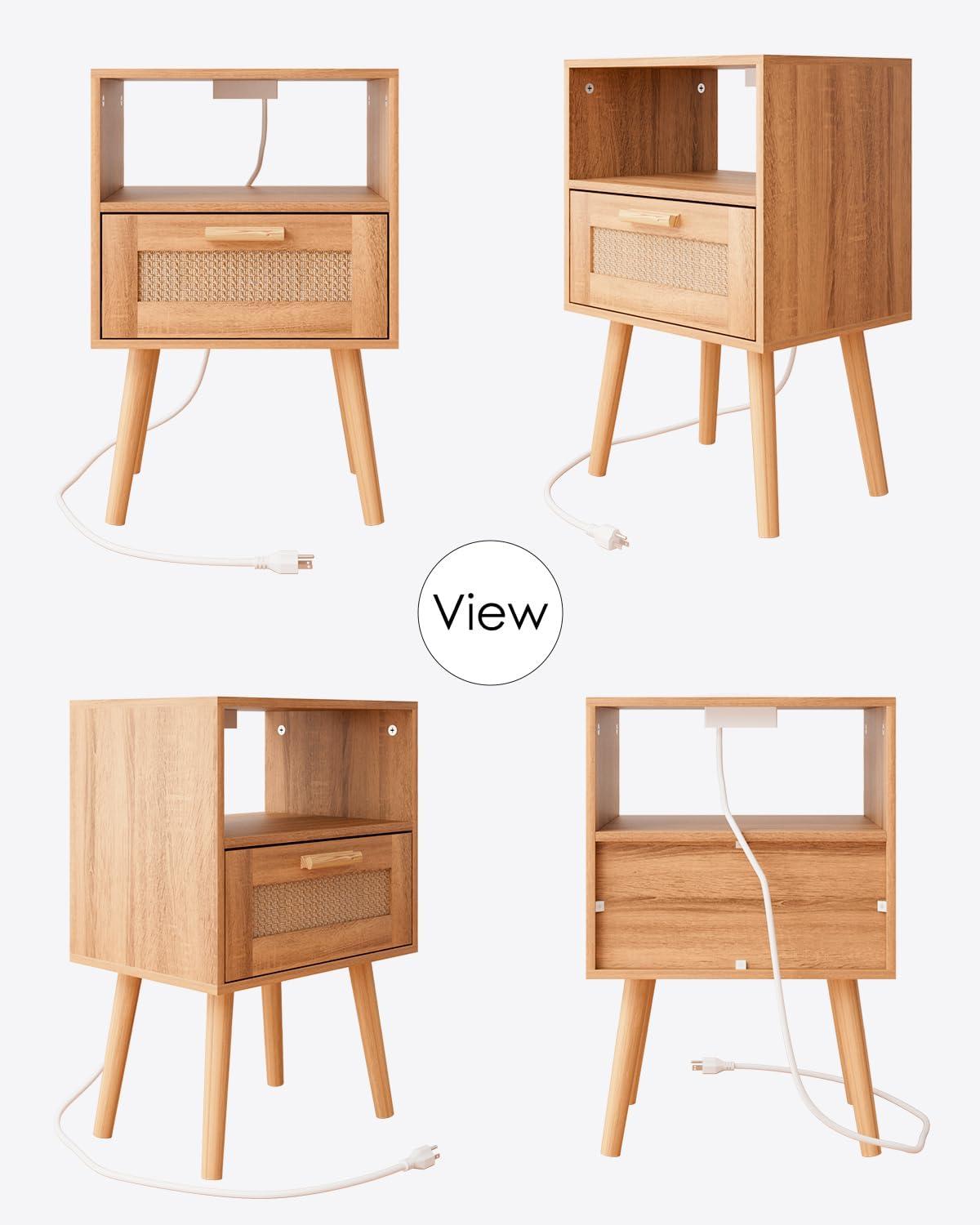 Rattan Nightstand with Charging Station, Small Night Stand, Side Table with Drawer Open Shelf, Cane Accent Bedside End Table with Wood Legs, Modern Nightstand for Bedroom, Oak (Modern)