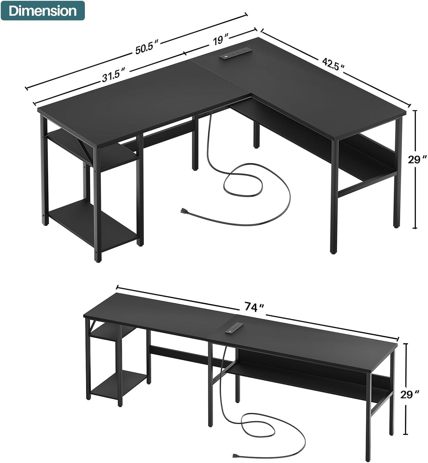 Homieasy Reversible L Shaped Desk with Magic Power Outlets and USB Charging Ports, Sturdy Corner Computer Desk with Storage Shelves, Gaming Table Home Office Desk, Easy to Assemble, Black