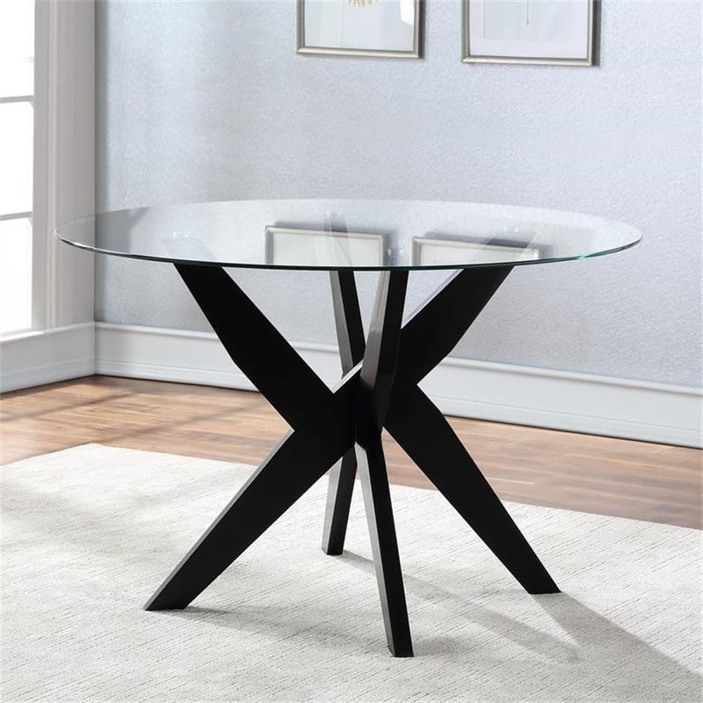 Amalie Round Dining Table Black - Steve Silver Co.: 48" Glass Top, Rubberwood Base, Seats 6