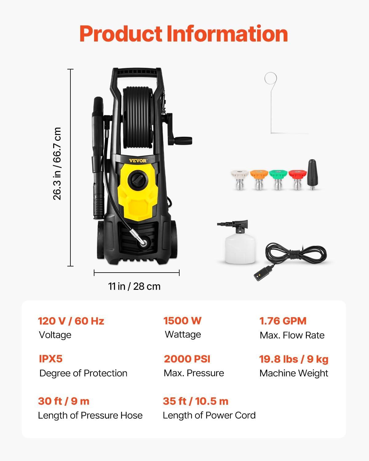 VEVOR 2000 PSI Electric Pressure Washer with Hose Reel and Foam Cannon