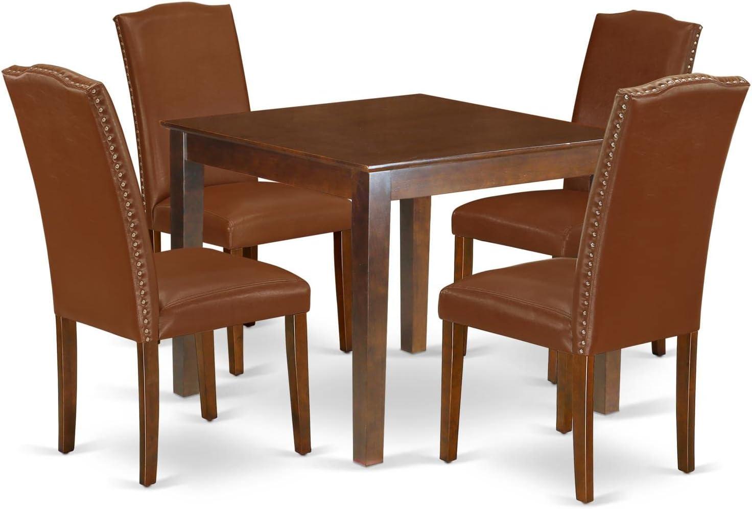 Elegant OXEN5-MAH-66 5Pc Dining Set: Square Table & 4 Parson Chairs with Mahogany Legs & Brown Faux Leather. Solid Wood, Beveled Top, Contemporary Design. Perfect for Family Meals.