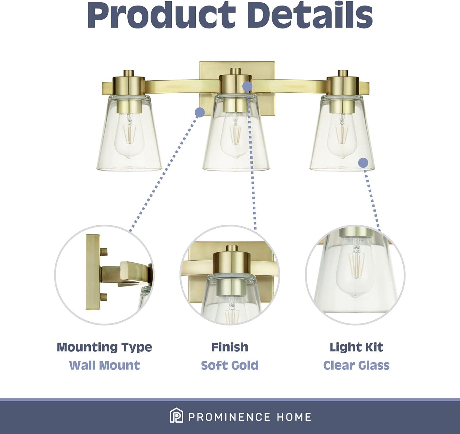 Prominence Home Fairendale 3-Light Soft Gold Bathroom Vanity Light with Clear Glass Shade