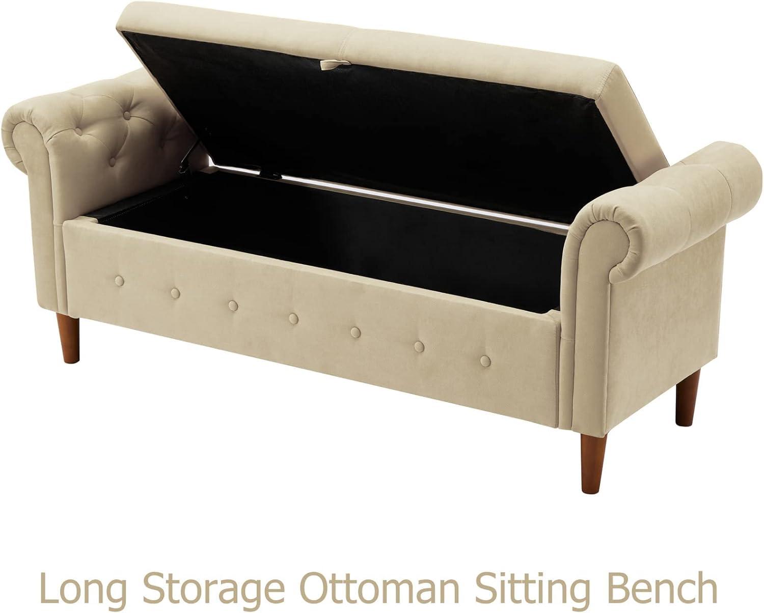 Beige Linen Rolled Arm Storage Bench with Wooden Legs