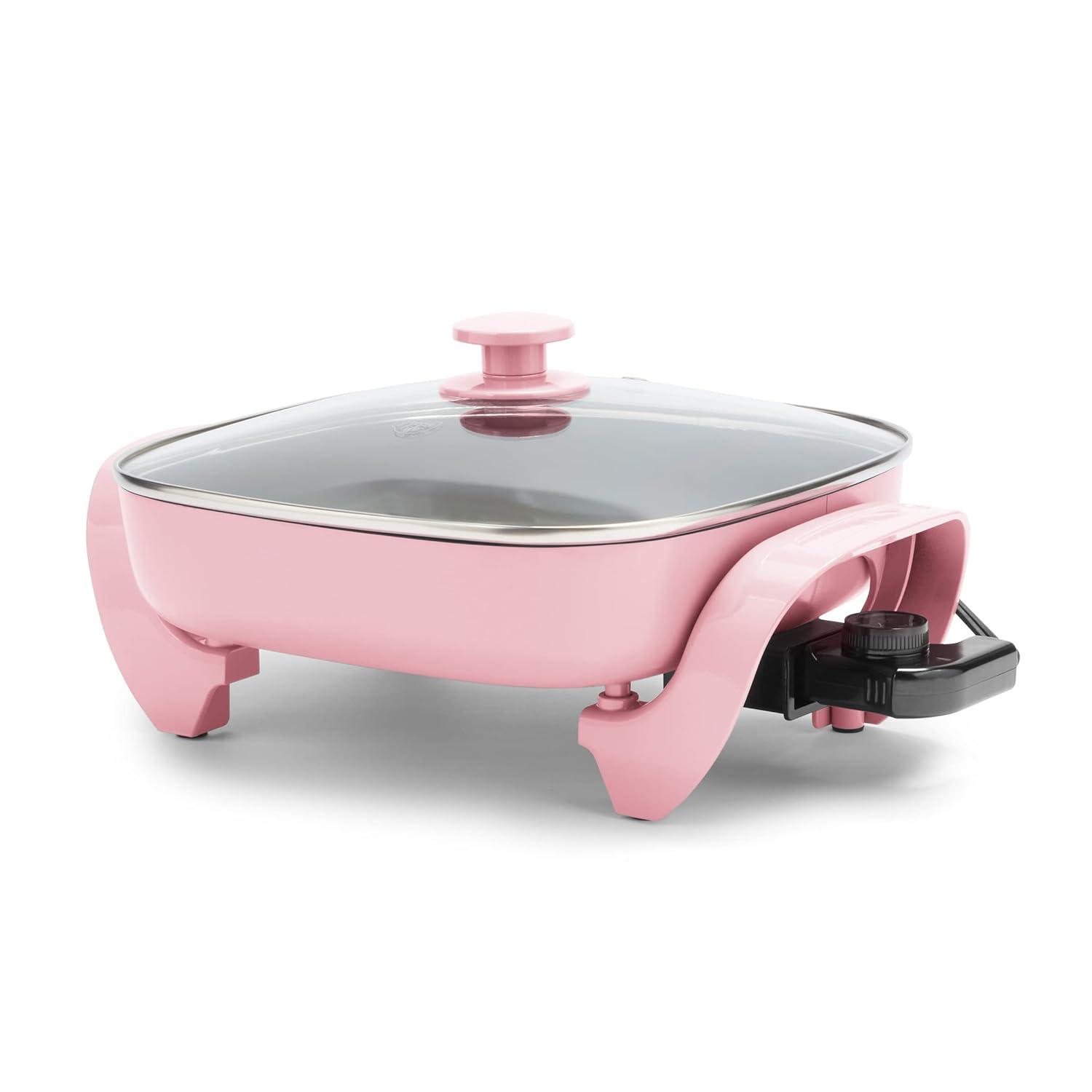 Pink Ceramic Nonstick Electric Skillet with Glass Lid