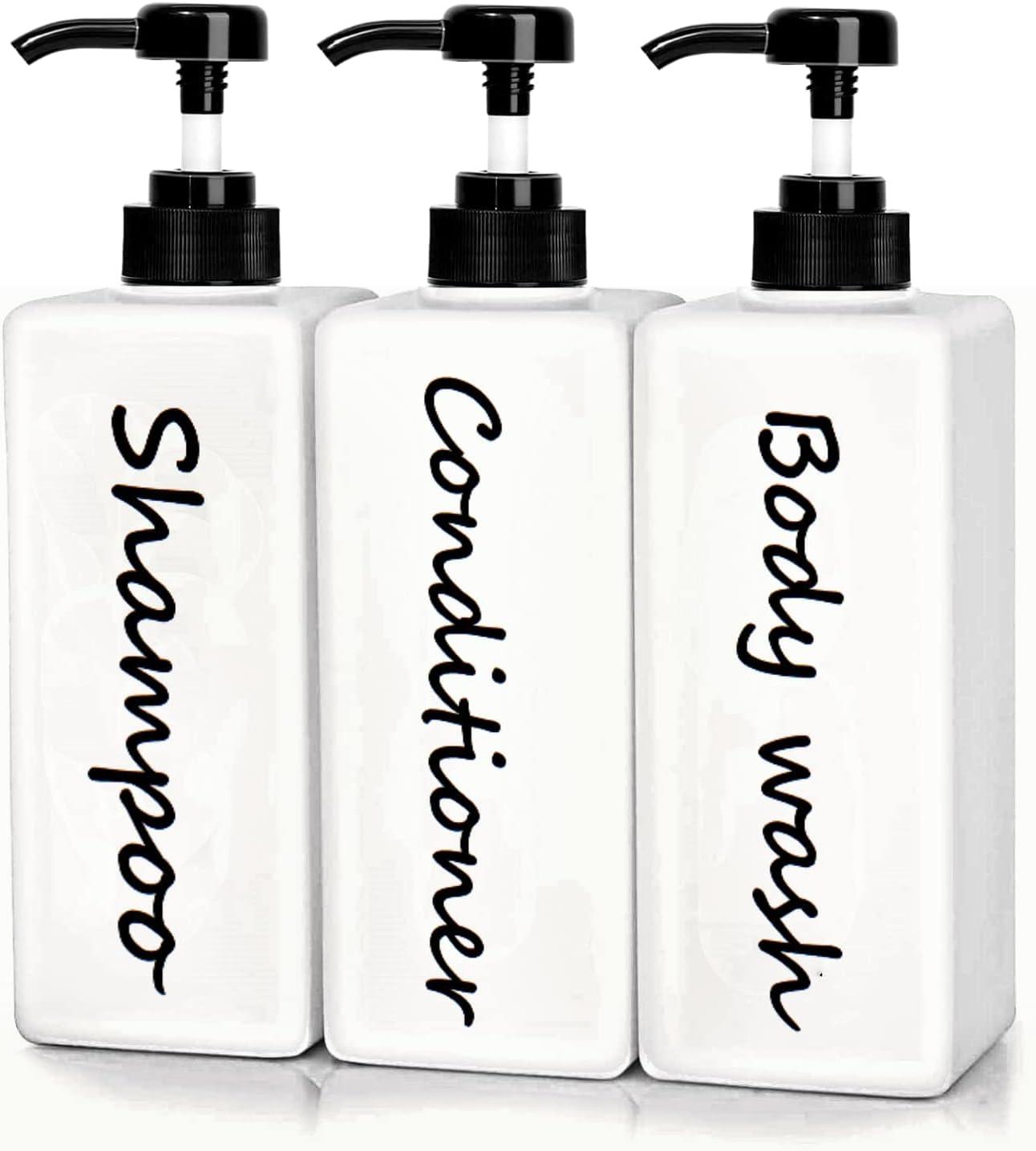 Shampoo and Conditioner Dispenser (Set of 3, 21oz) Modern Refillable Shampoo Pump Bottles for Shower Soap - Empty Body Wash Dispenser Set for Bathroom
