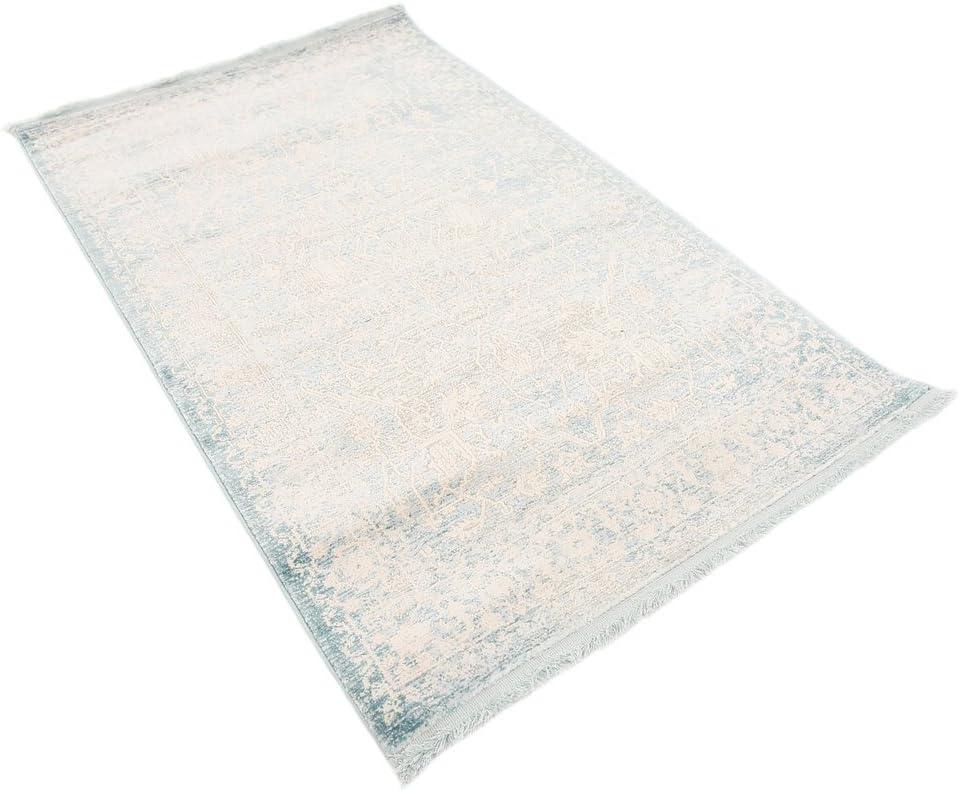 Light Blue and Ivory Abstract Stain-Resistant Rectangular Rug