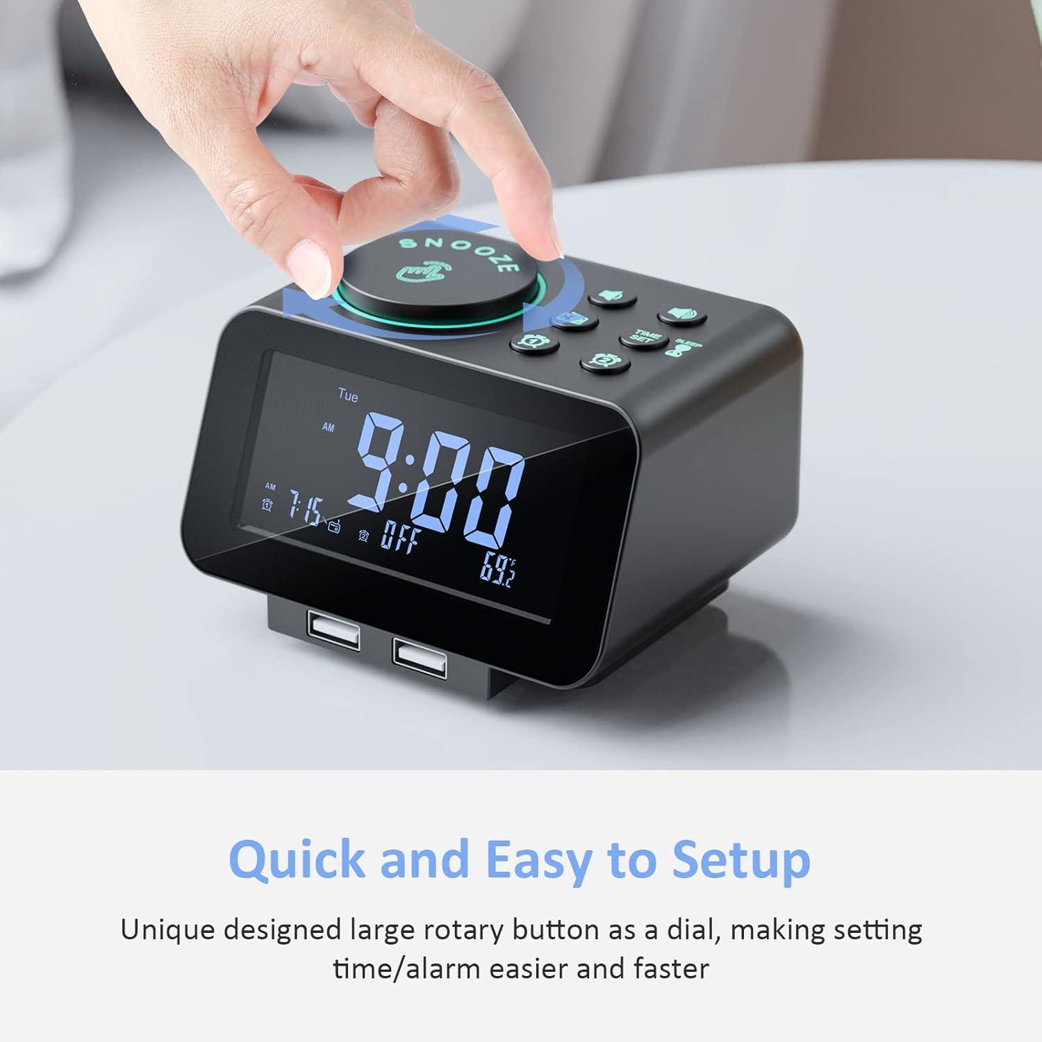 Black Digital Alarm Clock with USB Ports and FM Radio