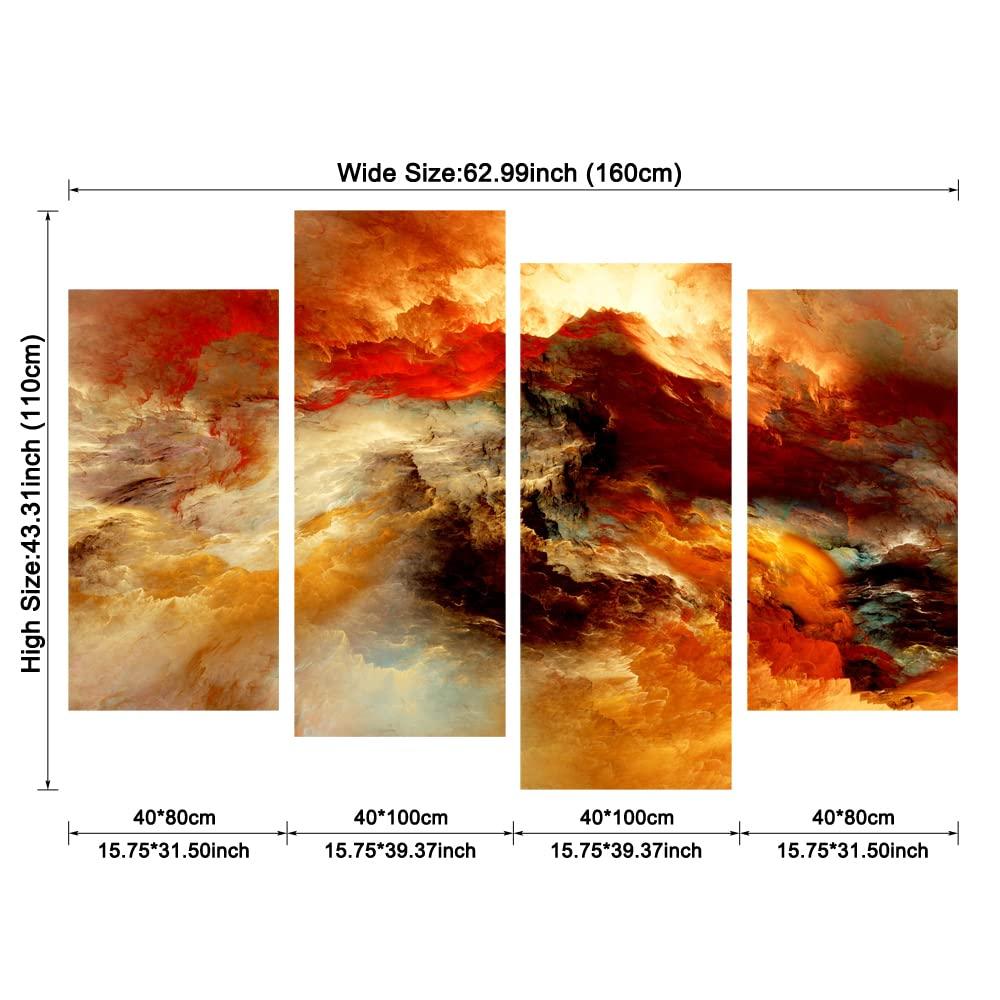 Pyradecor Large Canvas Prints Wall Art Colorful Clouds Landscape Pictures Paintings for Living Room Bedroom Home Decorations 4 Piece Modern Orange Abstract Stretched Artwork