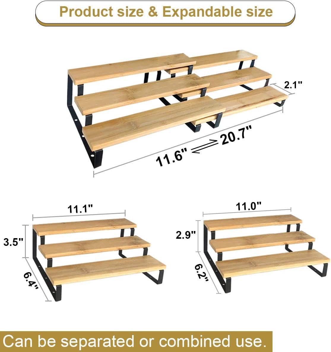 3 Tier Expandable Bamboo Spice Rack Cabinet Step Shelf Organizer for Kitchen Pantry Countertop Cupboard