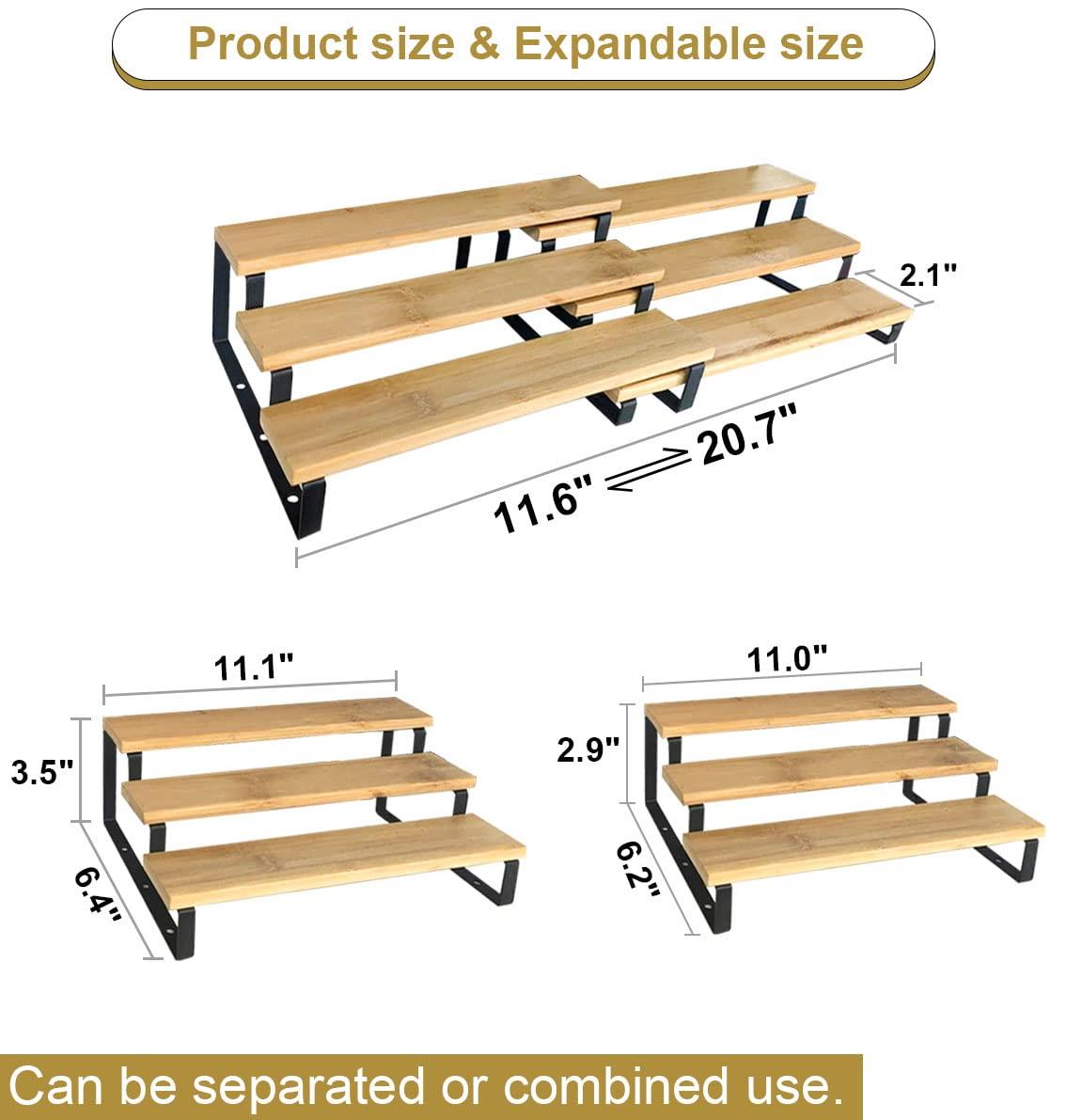 3 Tier Expandable Bamboo Spice Rack Cabinet Step Shelf Organizer for Kitchen Pantry Countertop Cupboard
