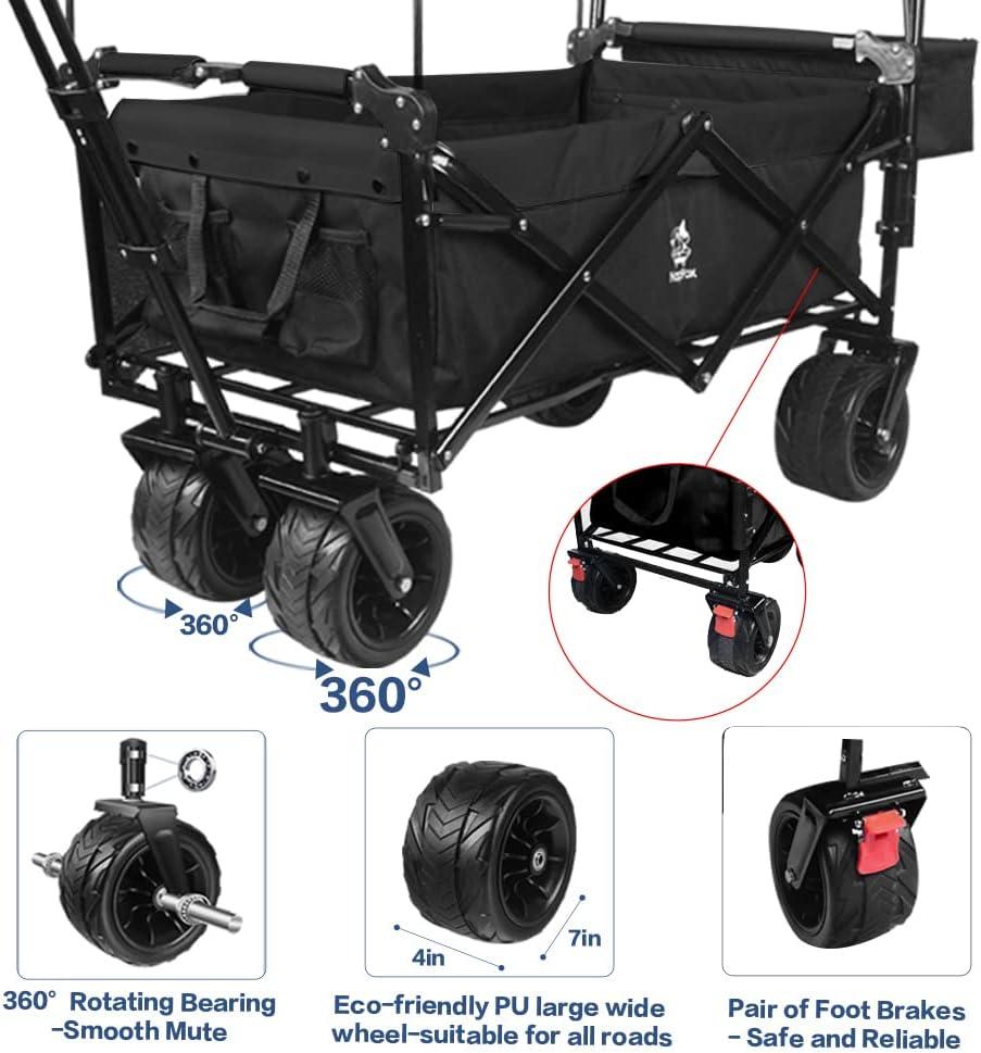 Large Collapsible Wagon Cart with Removable Canopy, Heavy Duty Folding Beach Wagon with Big Wheels, Adjustment Push Handle&Rear Brakes,Cooler Bag, Utility All-Terrain Wagon for Garden Shopping Camping