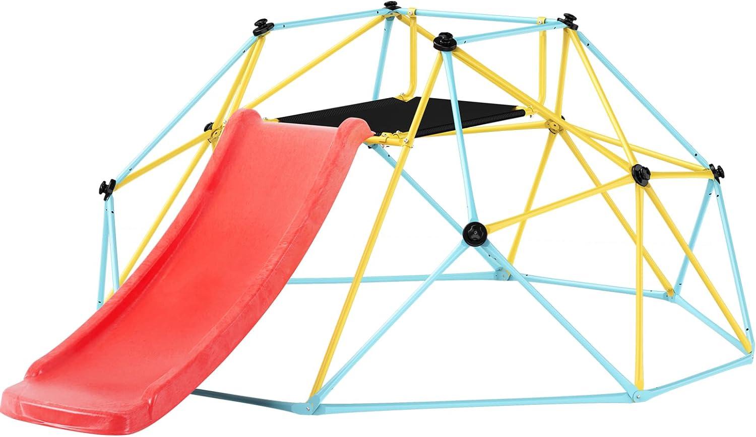 8FT Geometric Dome Climber with Red Slide and Steel Frame