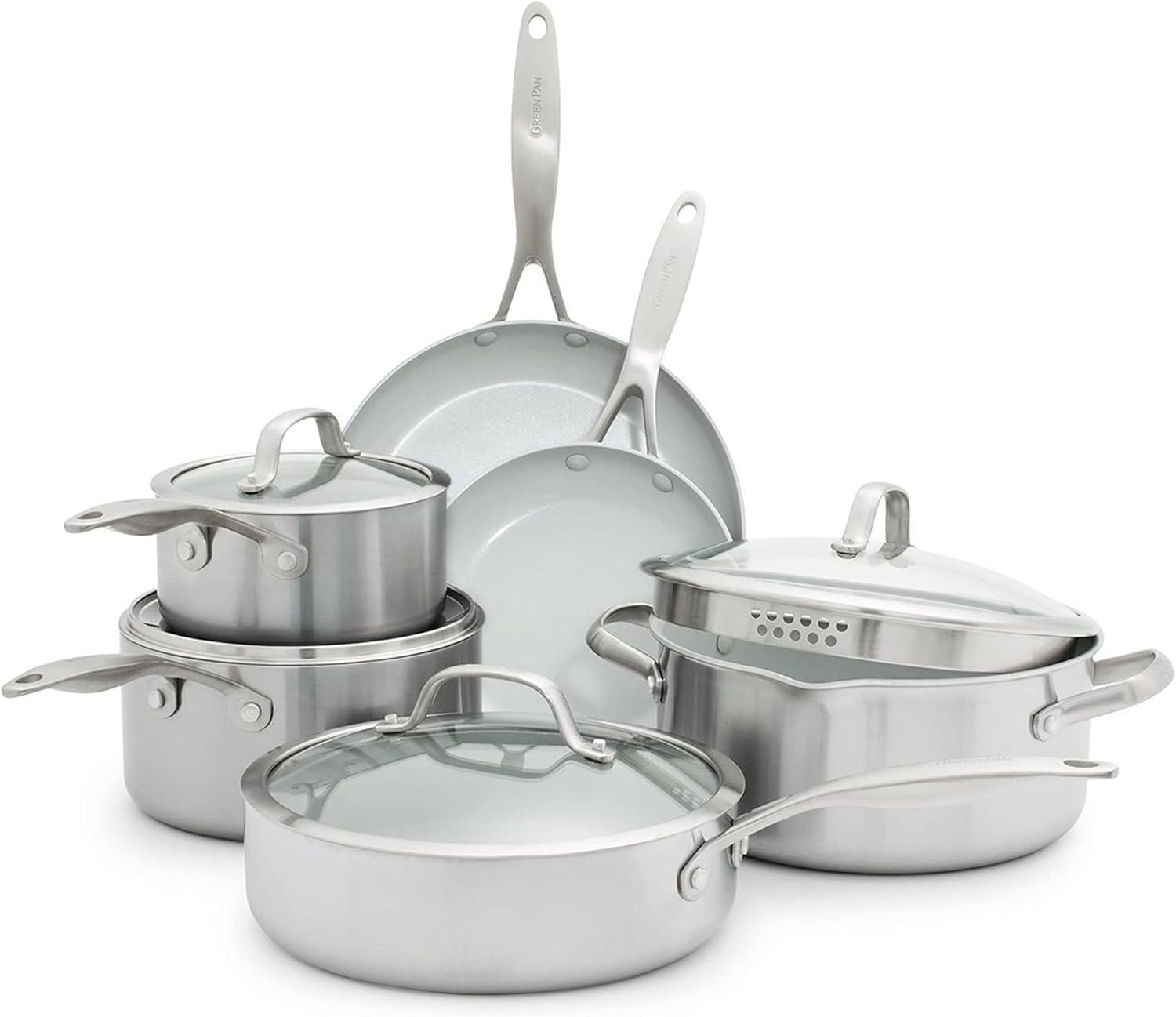 GreenPan Venice Pro Tri-Ply Stainless Steel Healthy Ceramic Nonstick 10 Piece Cookware Set