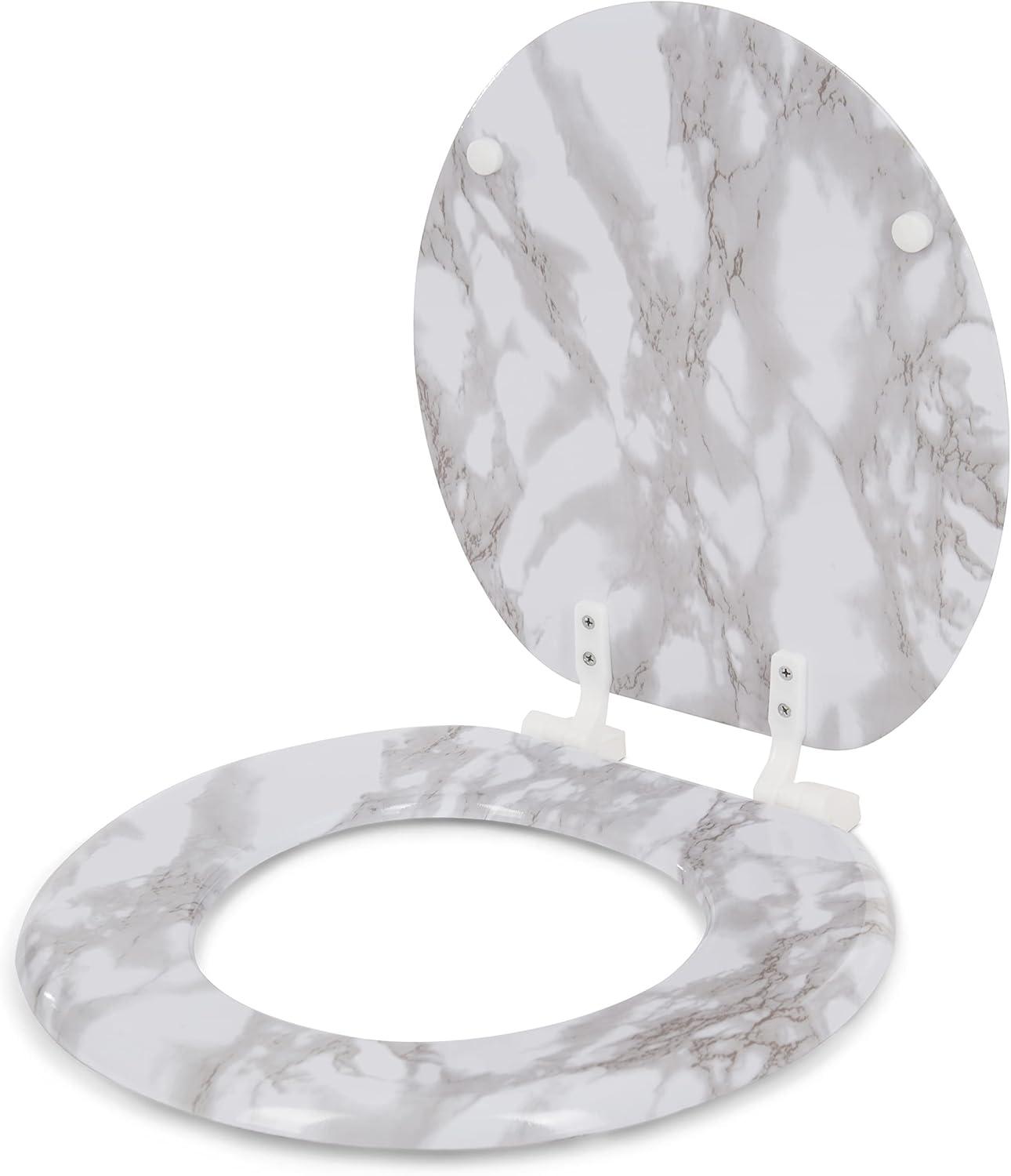 Gray Marble Round Wood Toilet Seat with Easy Clean Hinge