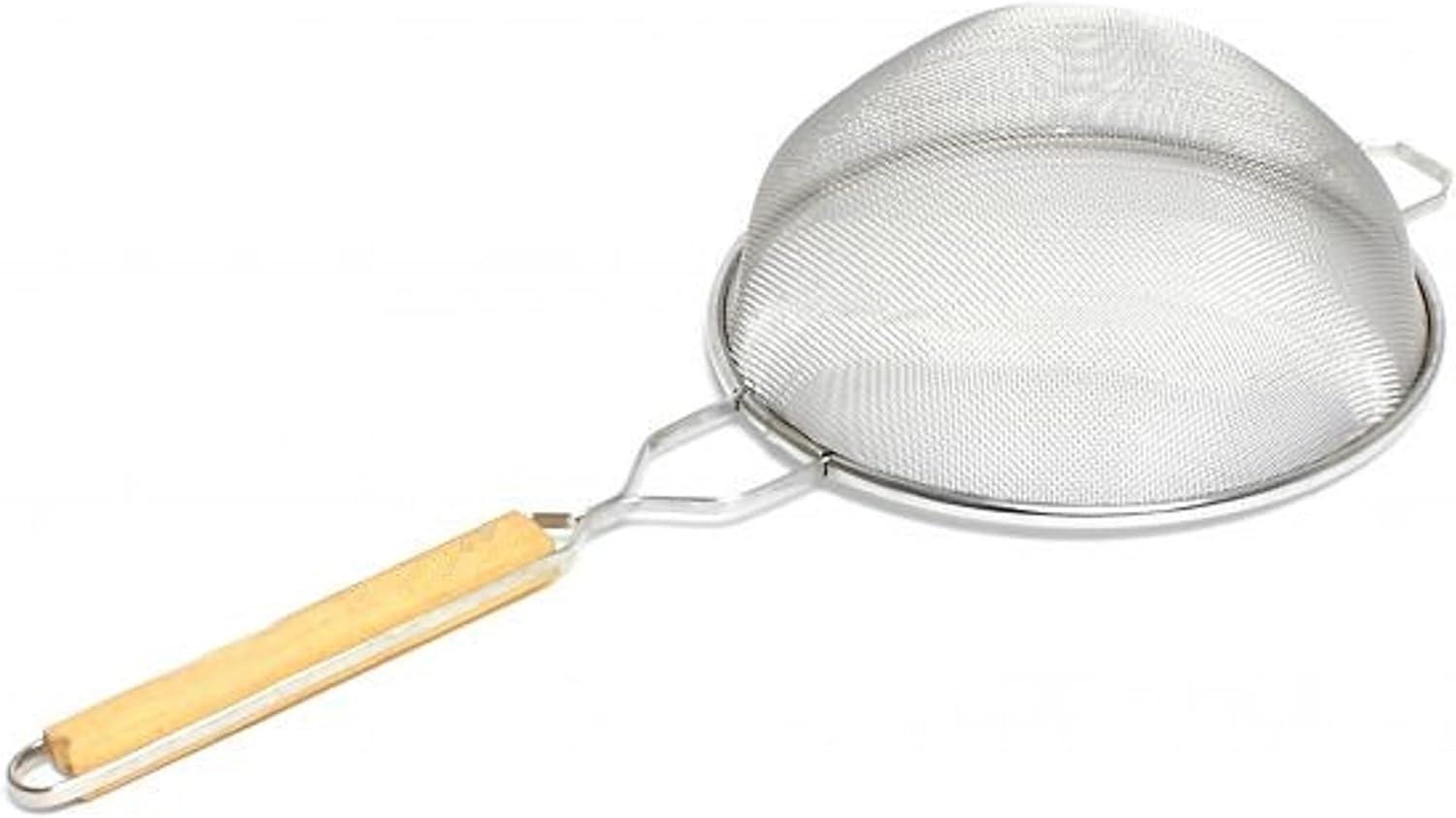 10-Inch Silver Stainless Steel Medium Mesh Strainer with Wooden Handle