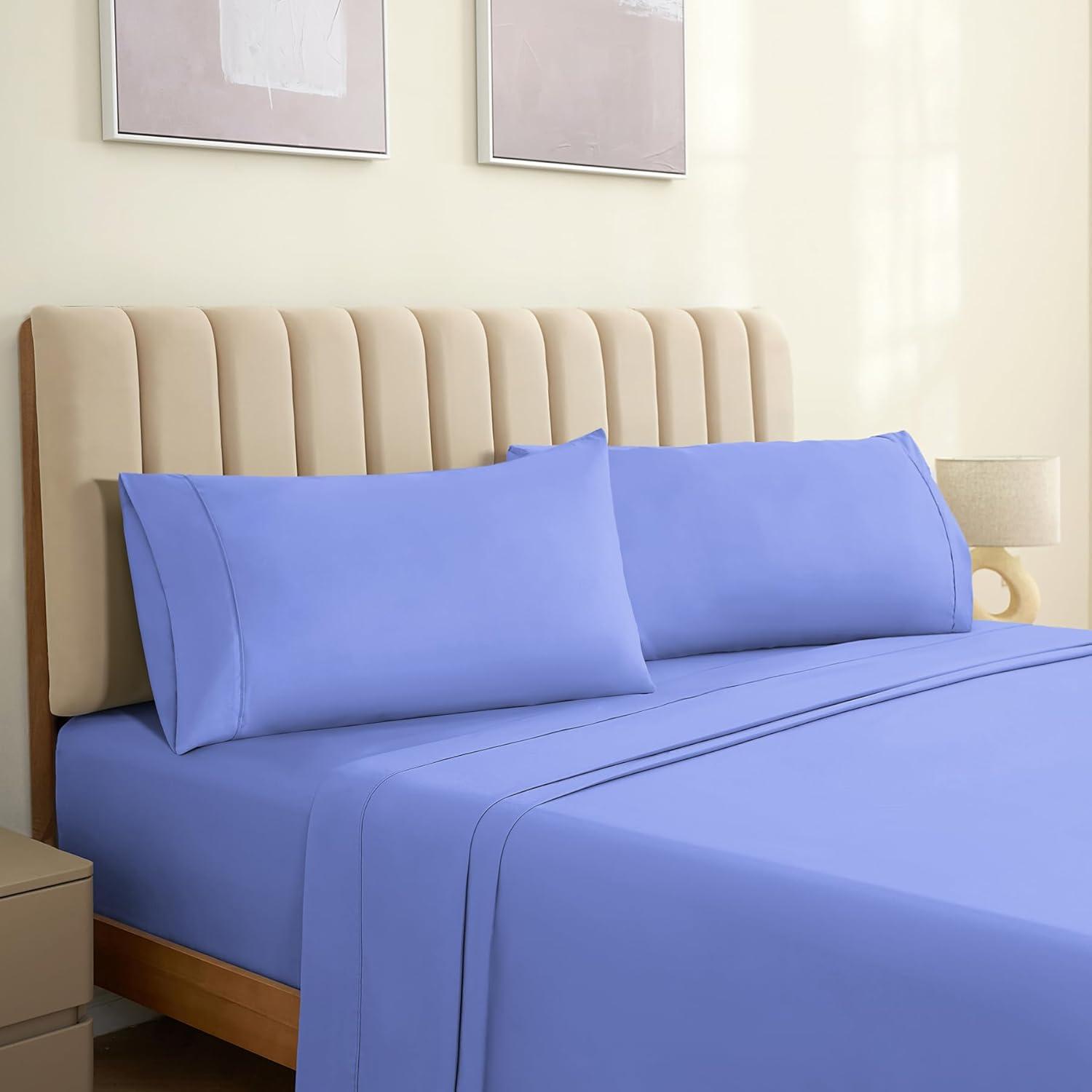 Violet Blue Satin Trim Cotton Queen Pillowcase Set