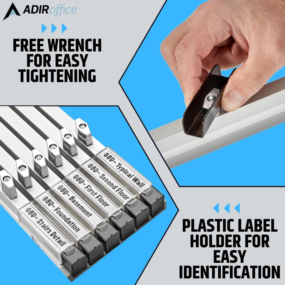 Adir Blueprint Clamp 36 Inches- Blueprint Clips, Binding Strips, Architectural Binders for Blue Print Organizers, Poster, Maps, Construction Plan Holder (Pack of 6)