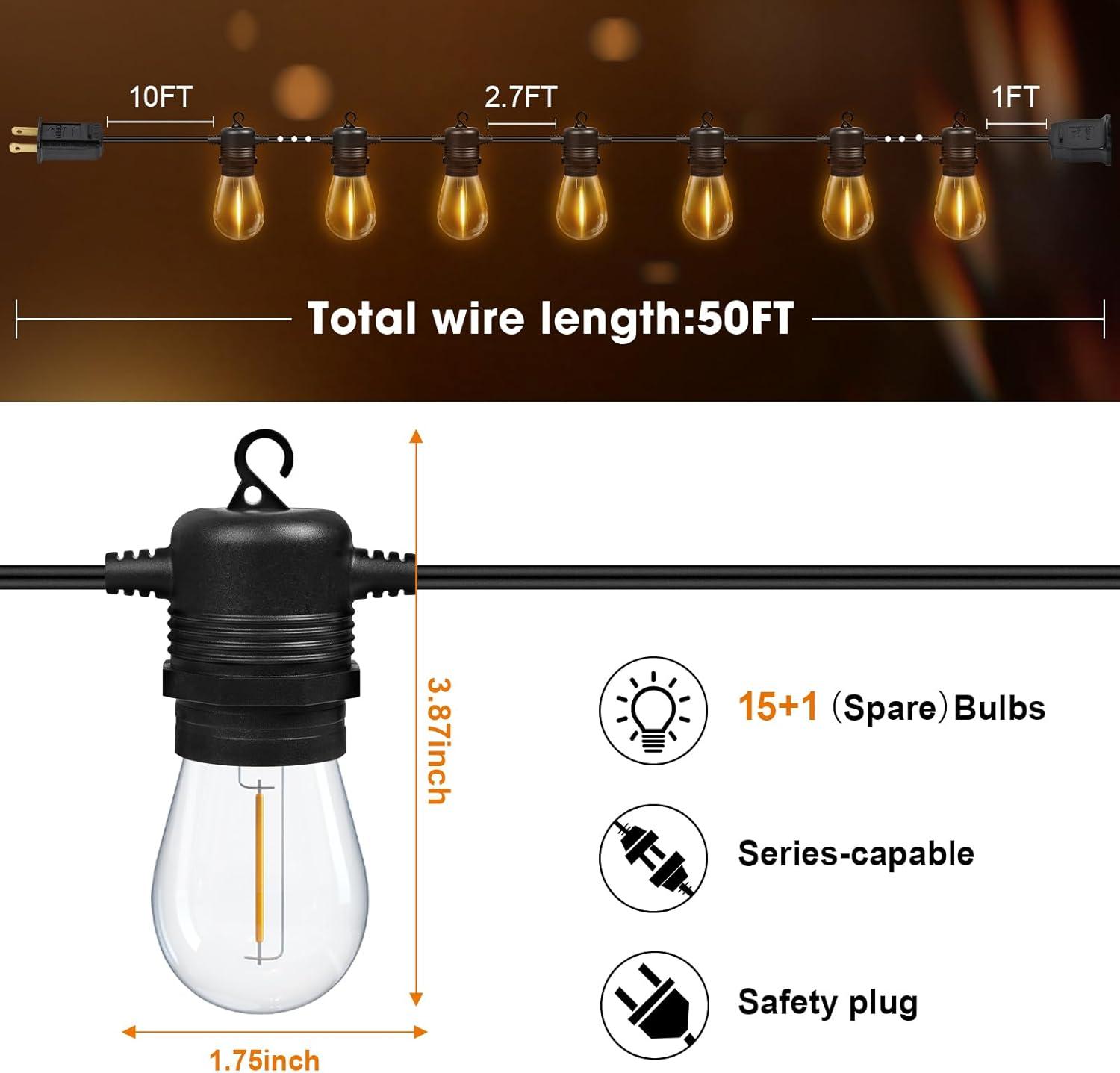 GvvooHome 50FT LED Outdoor String Lights with 16 Waterproof S14 Replaceable Bulbs(1 Spare), 2700K Commercial Grade Patio Lights, Outside Hanging Lights for Yard Garden Porch Deck Decor C24