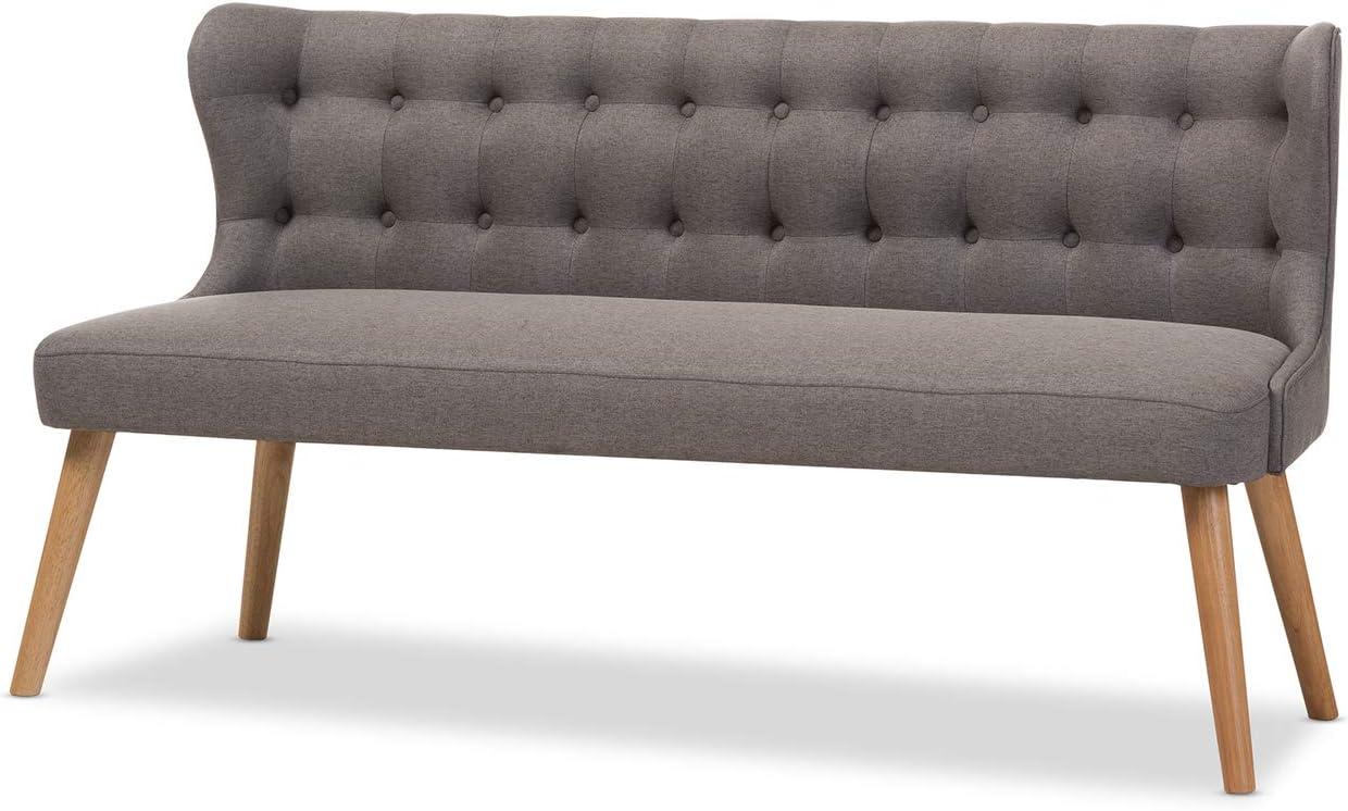 Melody Mid-Century Modern Fabric and Natural Wood Finishing 3 Seater Settee Bench Gray - Baxton Studio: Rubberwood Legs, Button-Tufted Back
