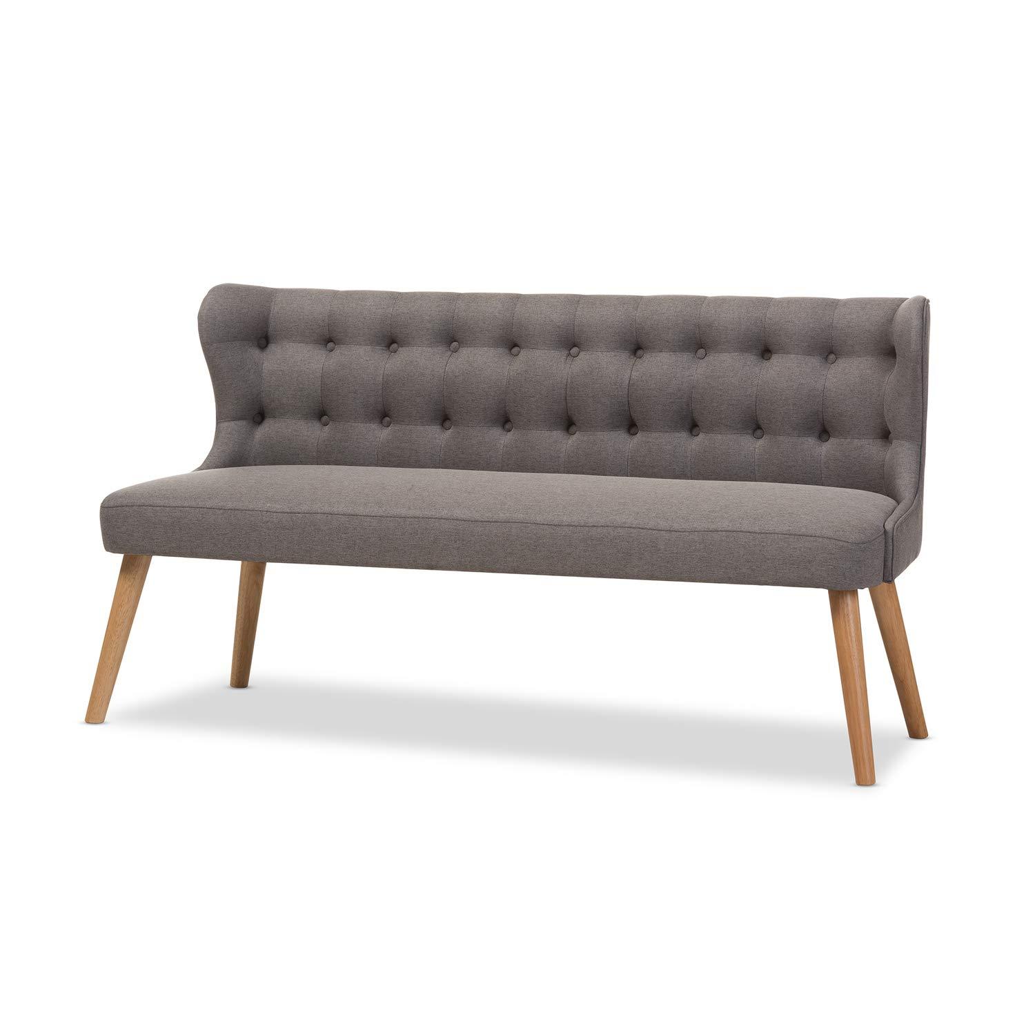 Melody Mid-Century Modern Fabric and Natural Wood Finishing 3 Seater Settee Bench Gray - Baxton Studio: Rubberwood Legs, Button-Tufted Back
