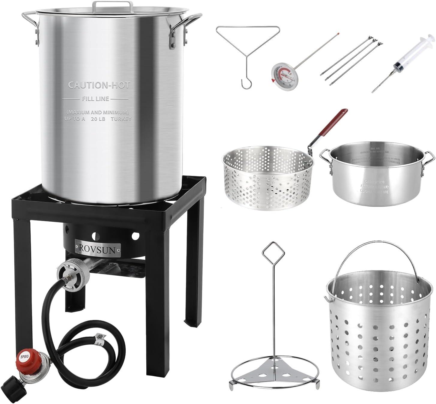 ROVSUN 30QT Turkey Fryer & 10QT Fish Fryer Kit w/ 55,000BTU Propane Stove, Aluminum Outdoor Deep Fryer & Seafood Boiler Steamer w/Baskets, Thermometer, Marinade Injector, Turkey Rack & Rack Lifter