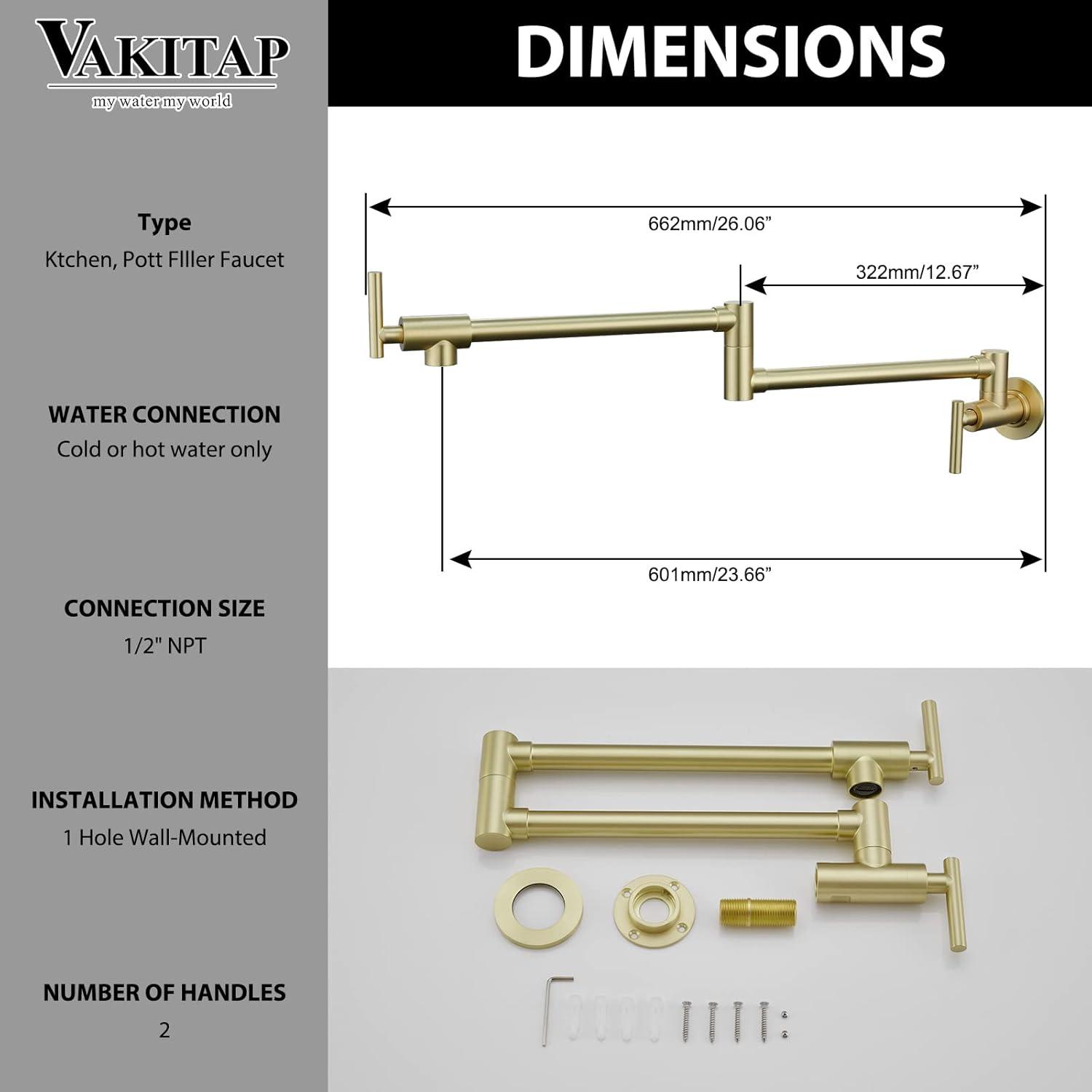 Havin Pot Filler Faucet Wall Mount,with Double Joint Swing Arms,Single Hole, 2 Handles with 2 cartridges to Control Water (Style A Brushed Gold)