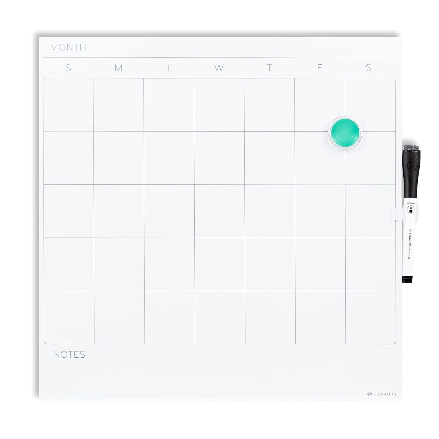 U Brands Unframed Magnetic Dry-Erase Calendar Whiteboard, 14" x 14", White
