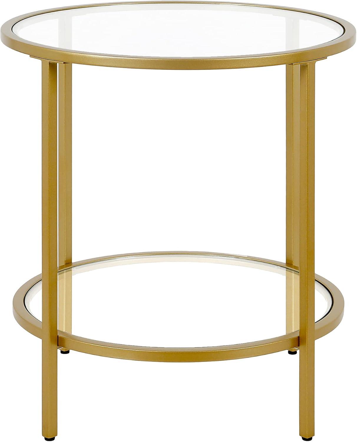 Evelyn&Zoe Sivil 20" Wide Round Side Table with Glass Shelf, Brass