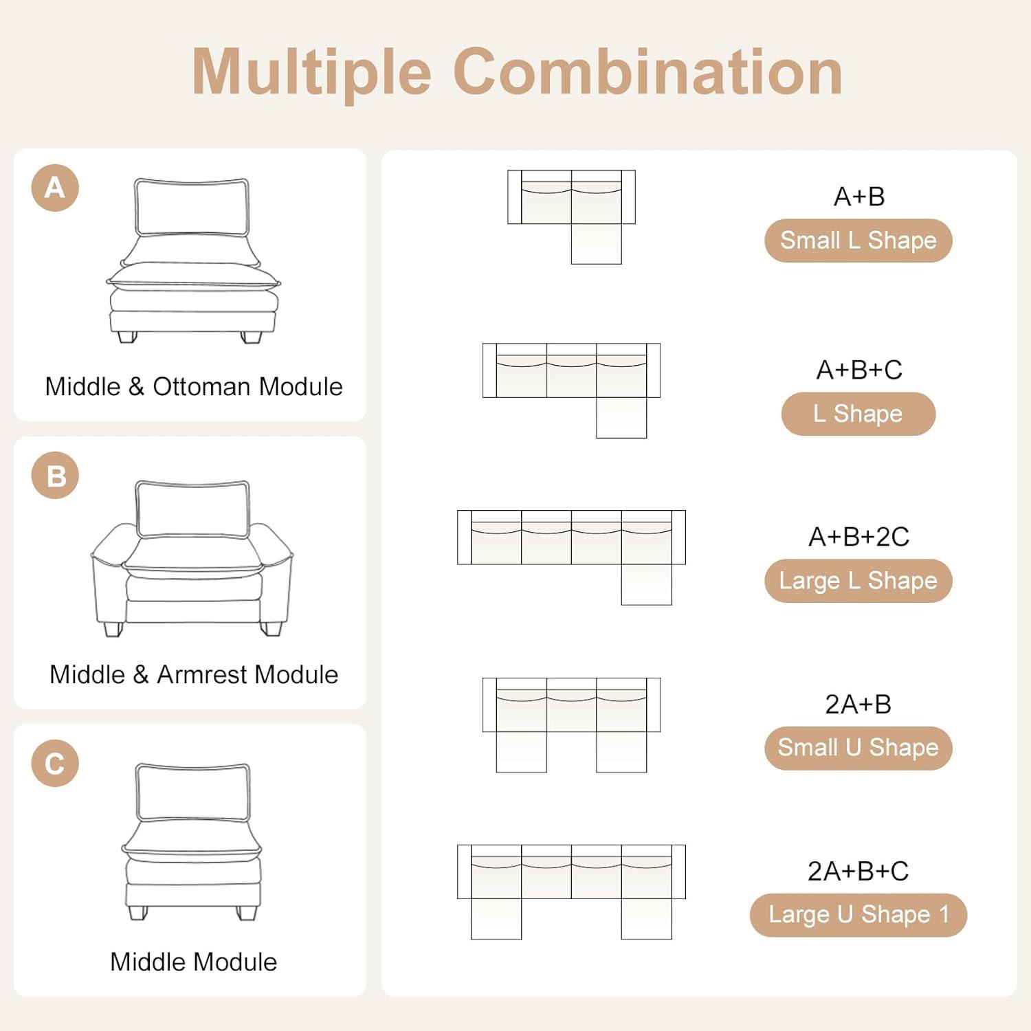 Karl home Sectional Sofa Modular Deep Seat Sofa Couch with Ottoman, Chenille Sofa Sleeper Comfy Upholstered Furniture for Living Room, Apartment, Studio, Office, (3-Seat & 1-Ottoman, Light Brown)