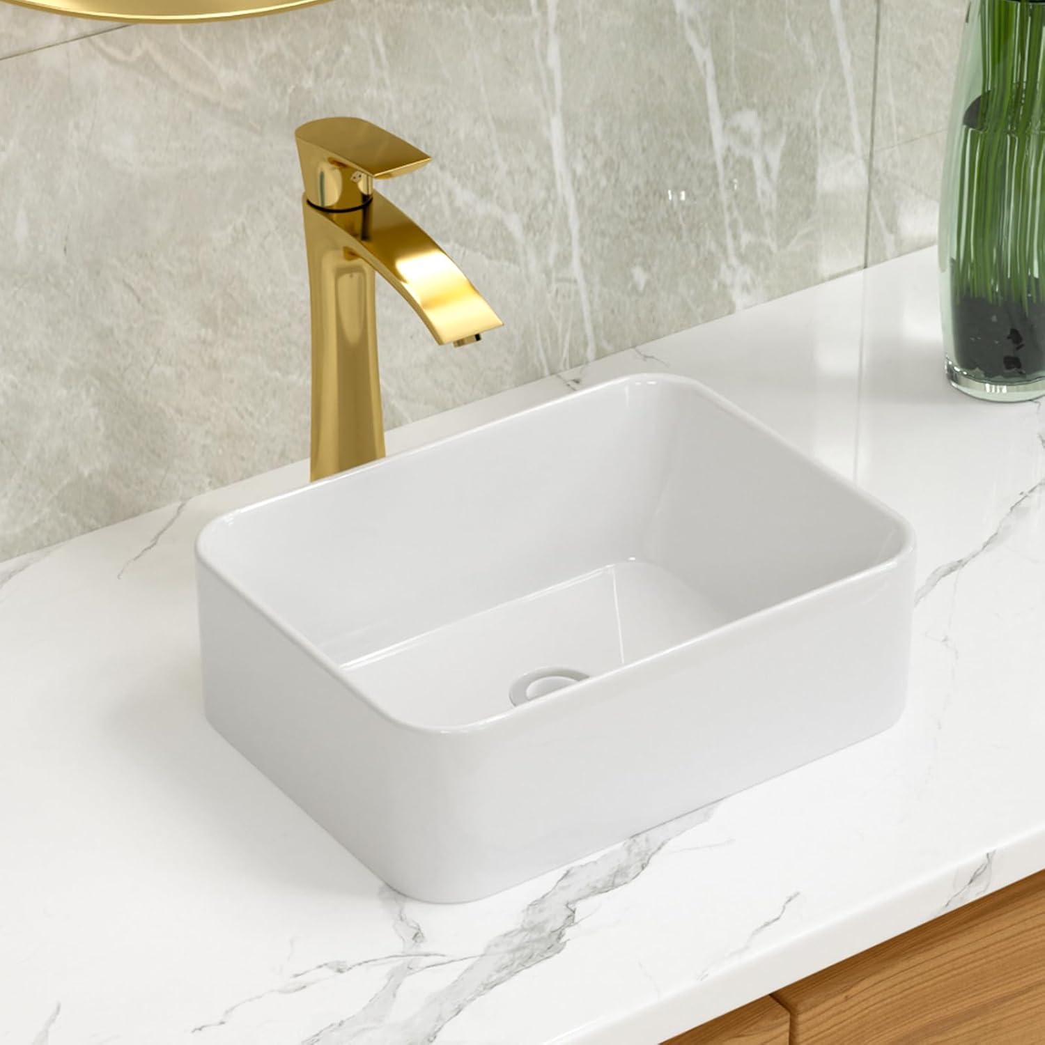 16'' White Polished Ceramic Rectangular Vessel Sink