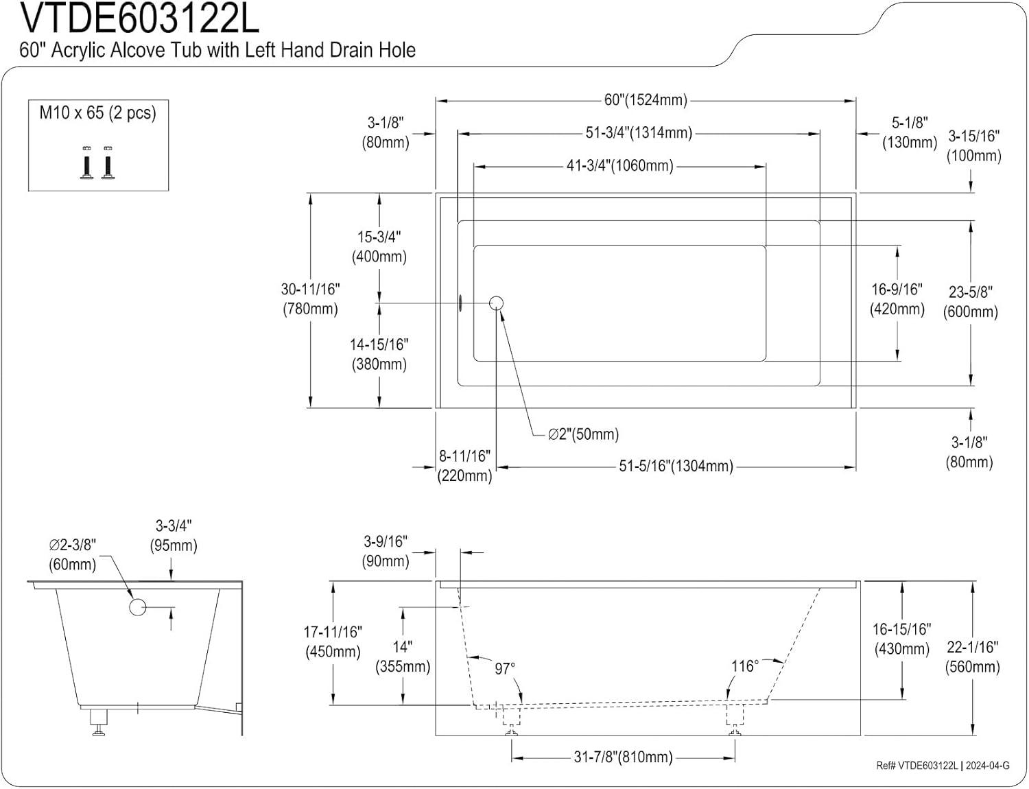 Aqua Eden 60" x 31" Alcove Soaking Acrylic Bathtub