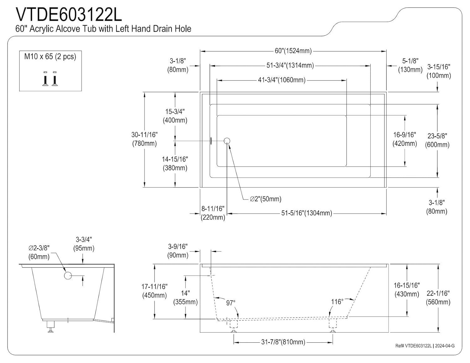 Kingston Brass Aqua Eden 60-Inch Acrylic Rectangular 3-Wall Alcove Tub