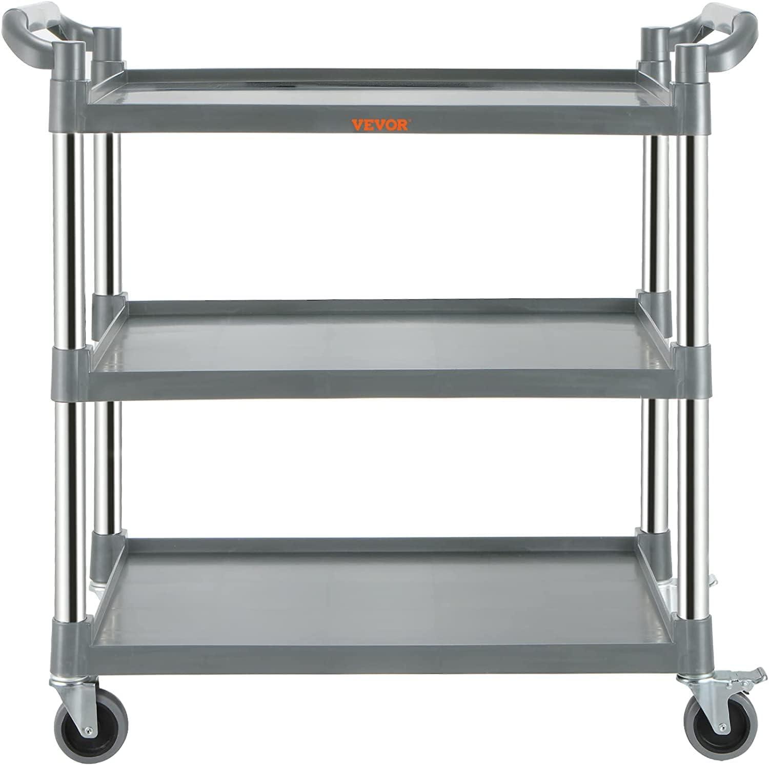 Utility Service Cart, 3 Shelf Heavy Duty 220LBS Food Service Cart, Rolling Utility Cart with Lockable Wheels, 40" x 19.3" x 38.6" Plastic Utility Cart for Kitchen Office Restaurant Home, Grey