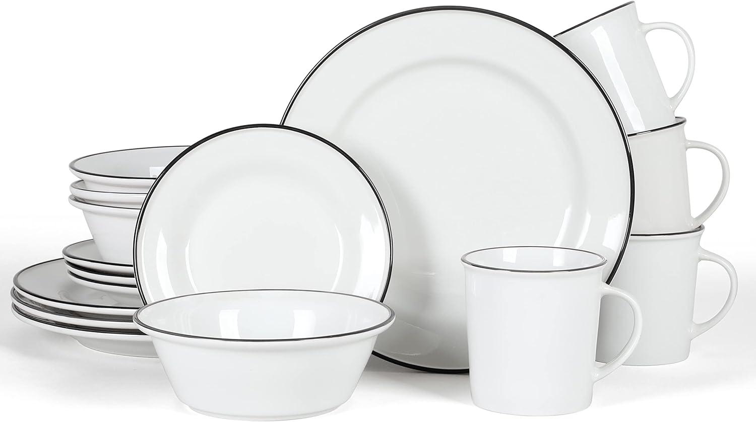 16-Piece White Porcelain Dinnerware Set with Black Trim