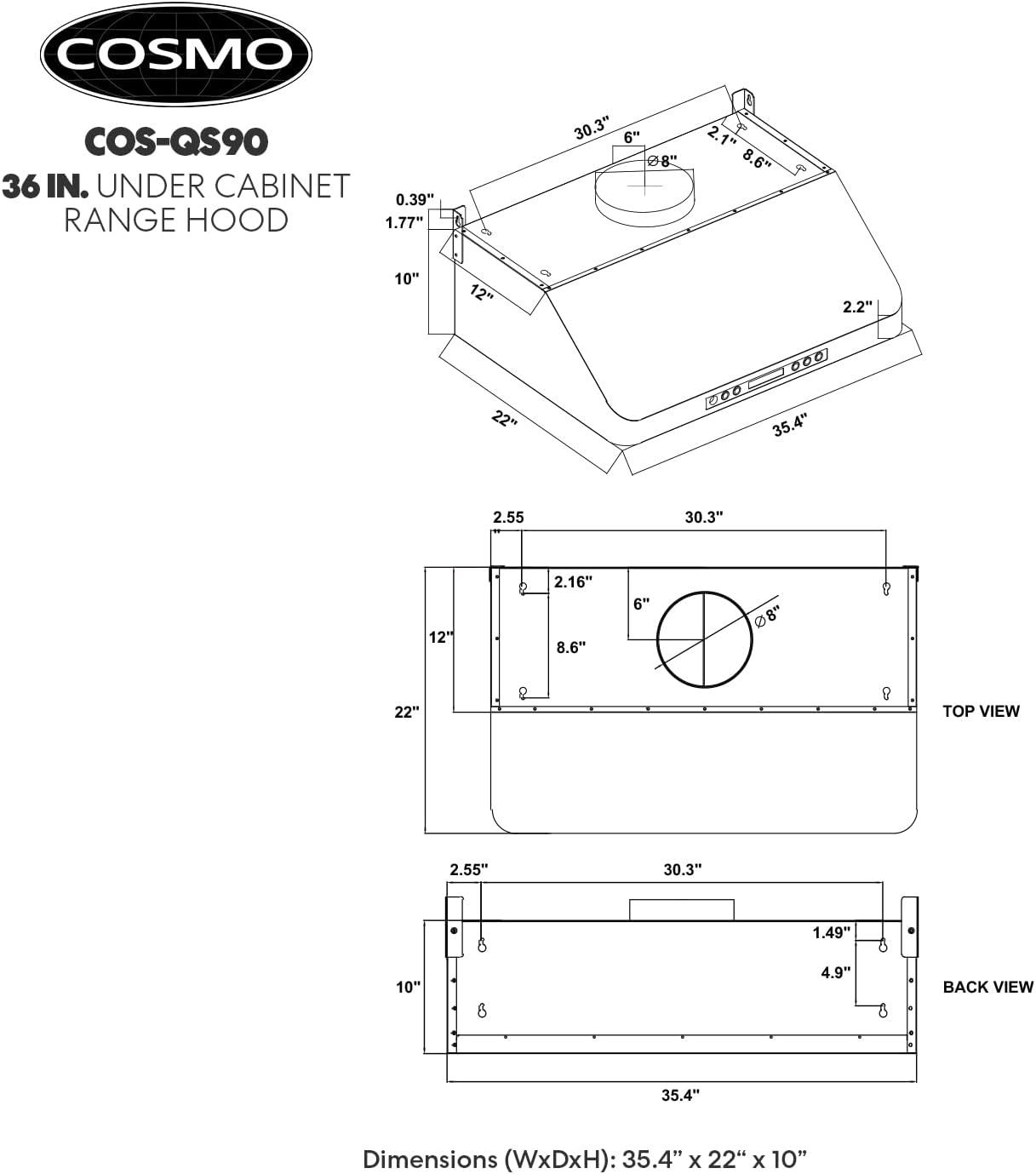Cosmo COS-QS90 36 in. 500 CFM Ducted Under Cabinet Range Hood in Stainless Steel
