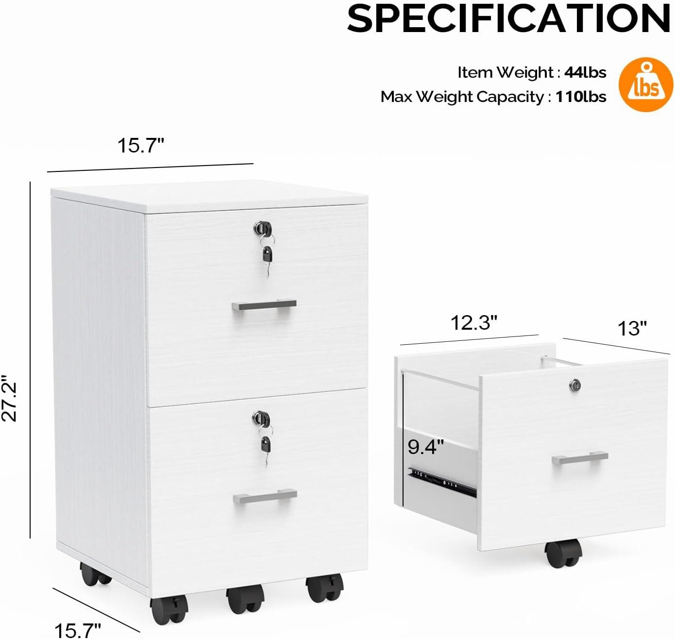 Wood Grain White 2-Drawer File Cabinet with Lock for Letter Size Files - Mobile Under Desk Cabinet for Home Office