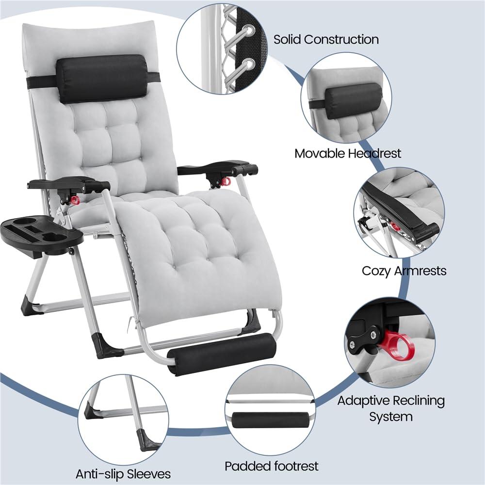 Yaheetech Zero Gravity Chair, Folding Reclining Lounge Recliner with Removable Pad & Headrest & Side Cup Holder Tray for Indoor and Outdoor Gray/2